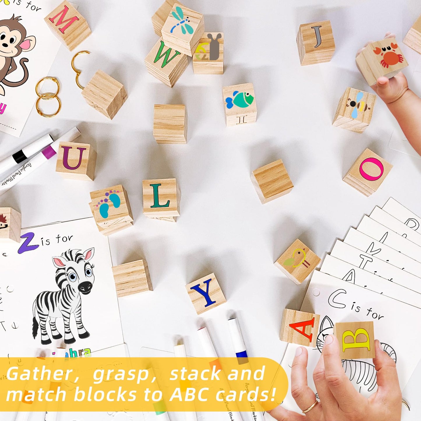 Aisharery 146 Pcs Baby Shower Game Sign Set Includes Decorative Square 54 DIY Blank Wooden Blocks 24 Paint Markers 27 Page Baby‘s First ABC Book