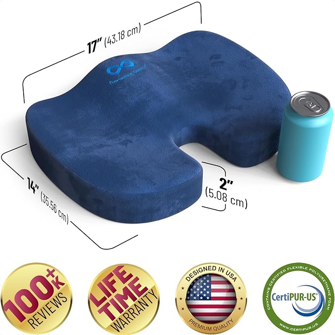 Everlasting Comfort Doctor Recommended Memory Foam Seat Cushion for Office Chairs & Car Seat - Ergonomic Office Desk Accessories for Tailbone Pain Relief, Sciatica & Back Support
