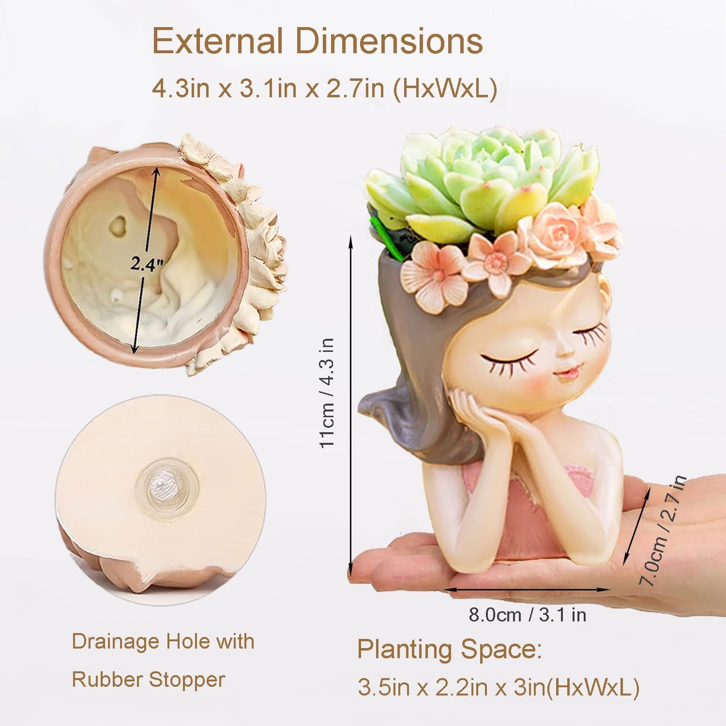 Snowy sunday Small Fairy Succulent Plant Pot kit 2 Pack with Drainage Hole Indoor Cactus Pot Cute Flower vases Decor with Girl Face Container Planter
