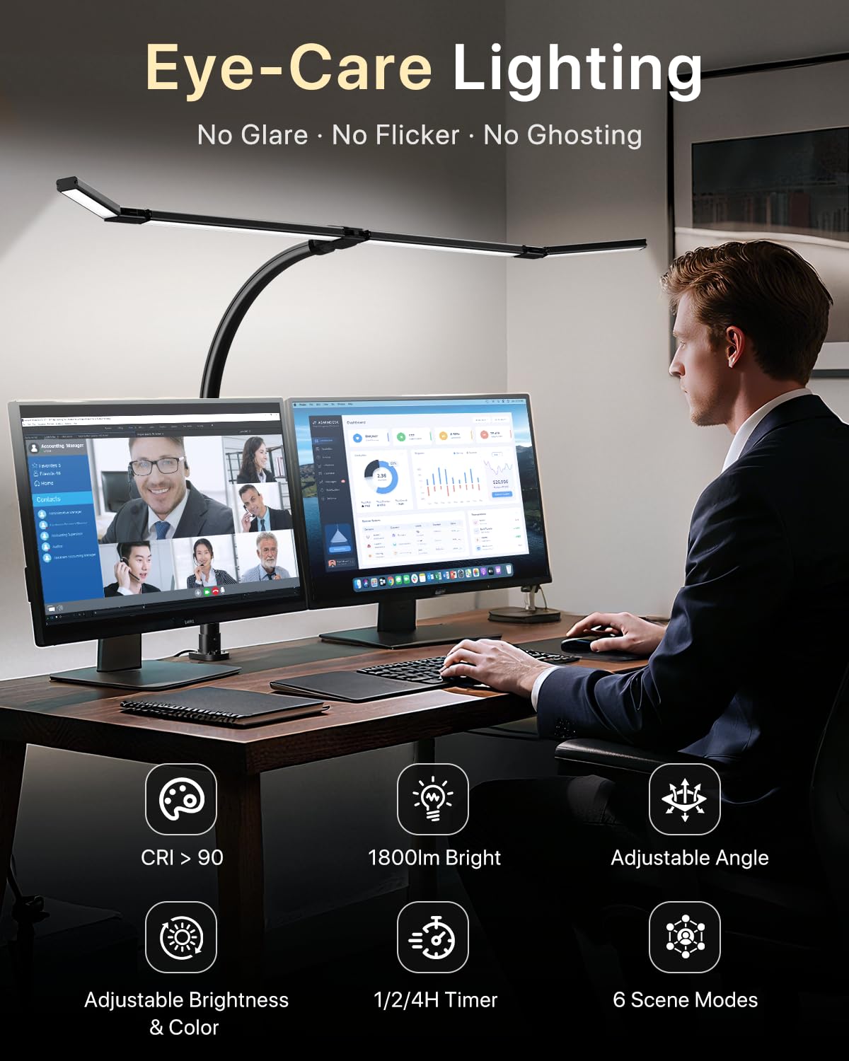 ONEMIX 42" LED Desk Lamp with Clamp, Architect Desk Light with Remote, Adjustable 4-Segment Bar, 1800LM Bright, Eye-Caring Desk Lamp for Home Office, Reading, Study, Dual Monitors, Workbench(Black)