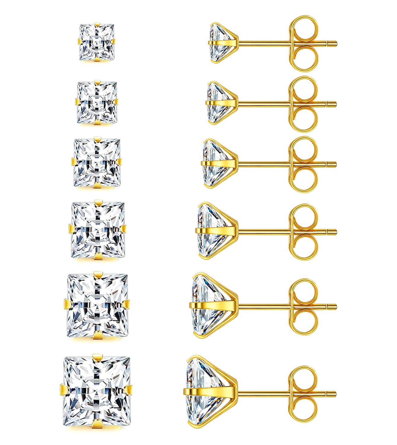 6 Pairs Square Earrings, Princess Cut Earrings Set for Men Women, Hypoallergenic 14K Gold Plated Surgical Steel Clear Cubic Zirconia Stud Earrings for Multiple Piercing Sensitive Ears CZ Size 3-8mm