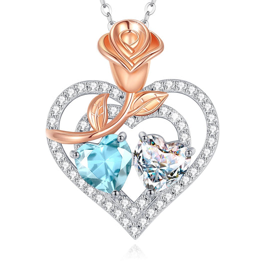 AGVANA March April Birthstone Jewelry Aquamarine CZ Necklace Sterling Silver Rose Flower Heart Double Birthstone Pendant Necklace Anniversary Birthday Gifts for Women Mom Wife Lady Her