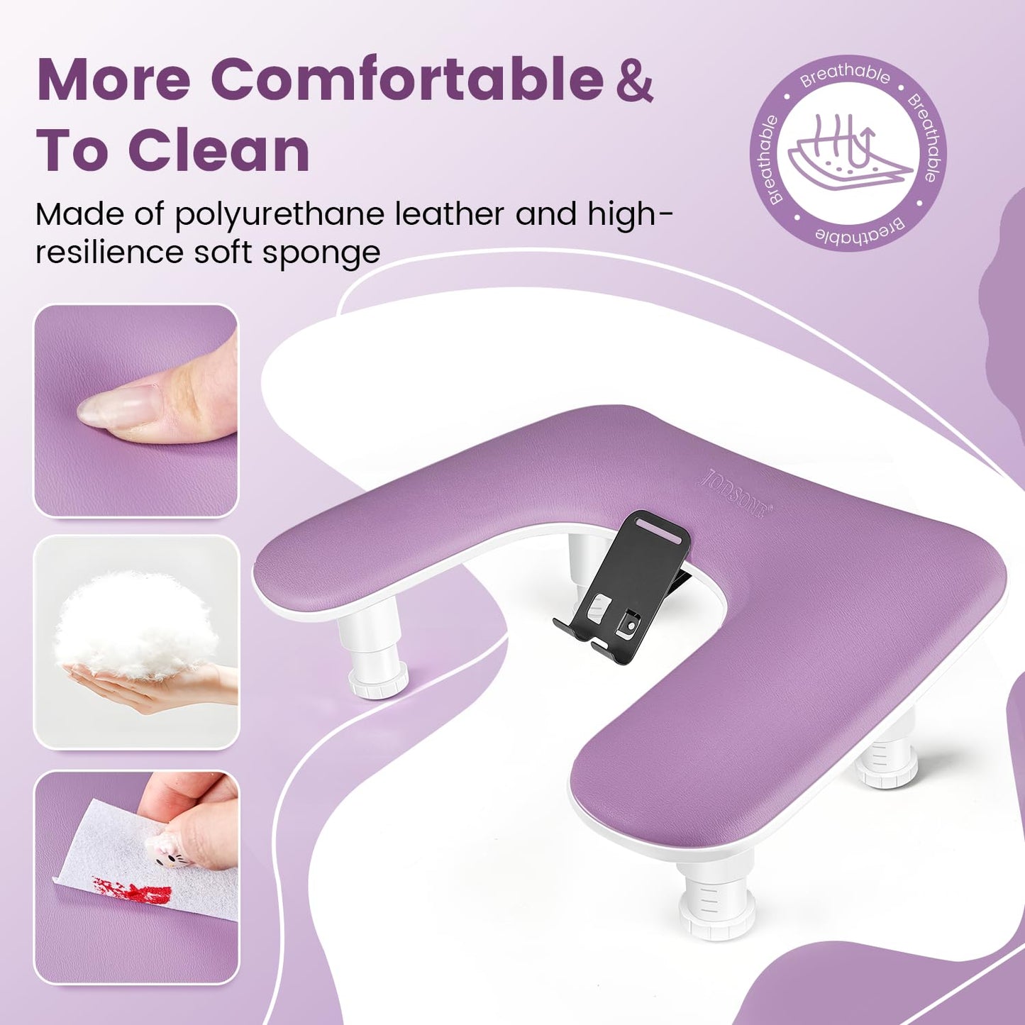 JODSONE Purple U-Shaped Manicure Arm Rest for Nails Tech with Rotating Phone Holder and Adjustable Nail Arm Rest Detachable Manicure Hand Rest for Salon Design