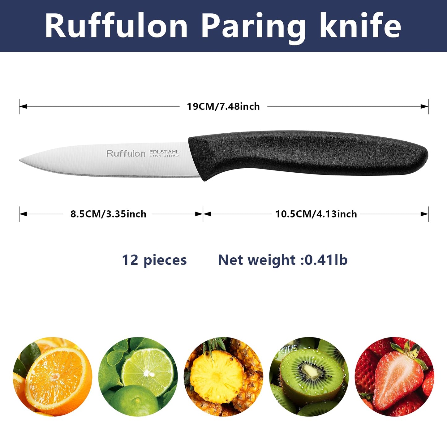 Ruffulon Paring Knife Fruit Knife Set (12 Pieces), Ultra Sharp Stainless Steel Vegetable and Fruit Knife with PP Plastic Ergonomic Handle for Cutting Fruits and Vegetables.