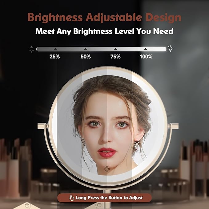 Rechargeable Wall Mounted Makeup Mirror - 8 Inch Double Sided 1X/10X Magnifying Mirror with 3 Color Lights Dimmable Touch Screen, 360°Swivel 19.6 Inch Extendable Accordion Bathroom Mirror - Nickel