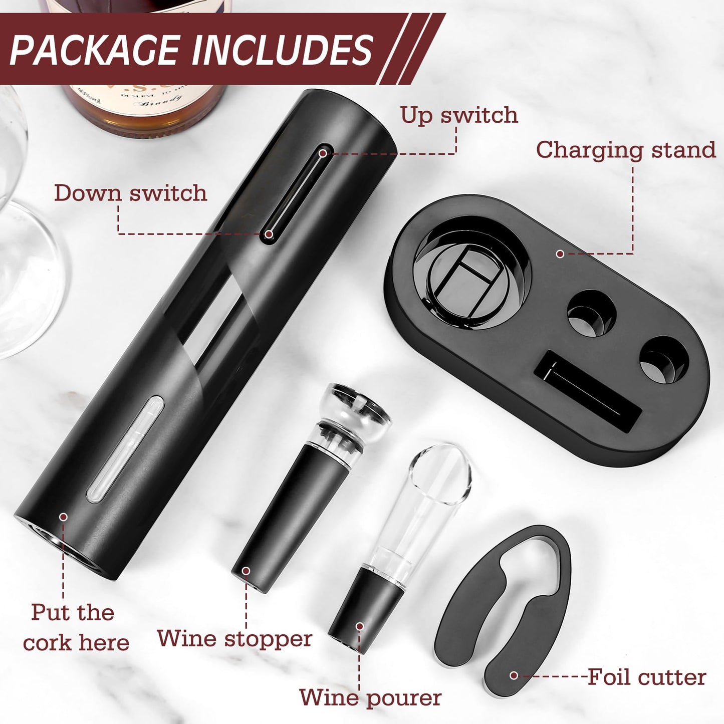 Breezesound 6-in-1 Electric Wine Bottle Opener Set, Cordless Rechargeable Wine Opener with Charging Base, Foil Cutter, Aerator Pourer & Stopper - Perfect Wine Gift Set for Wine Lovers