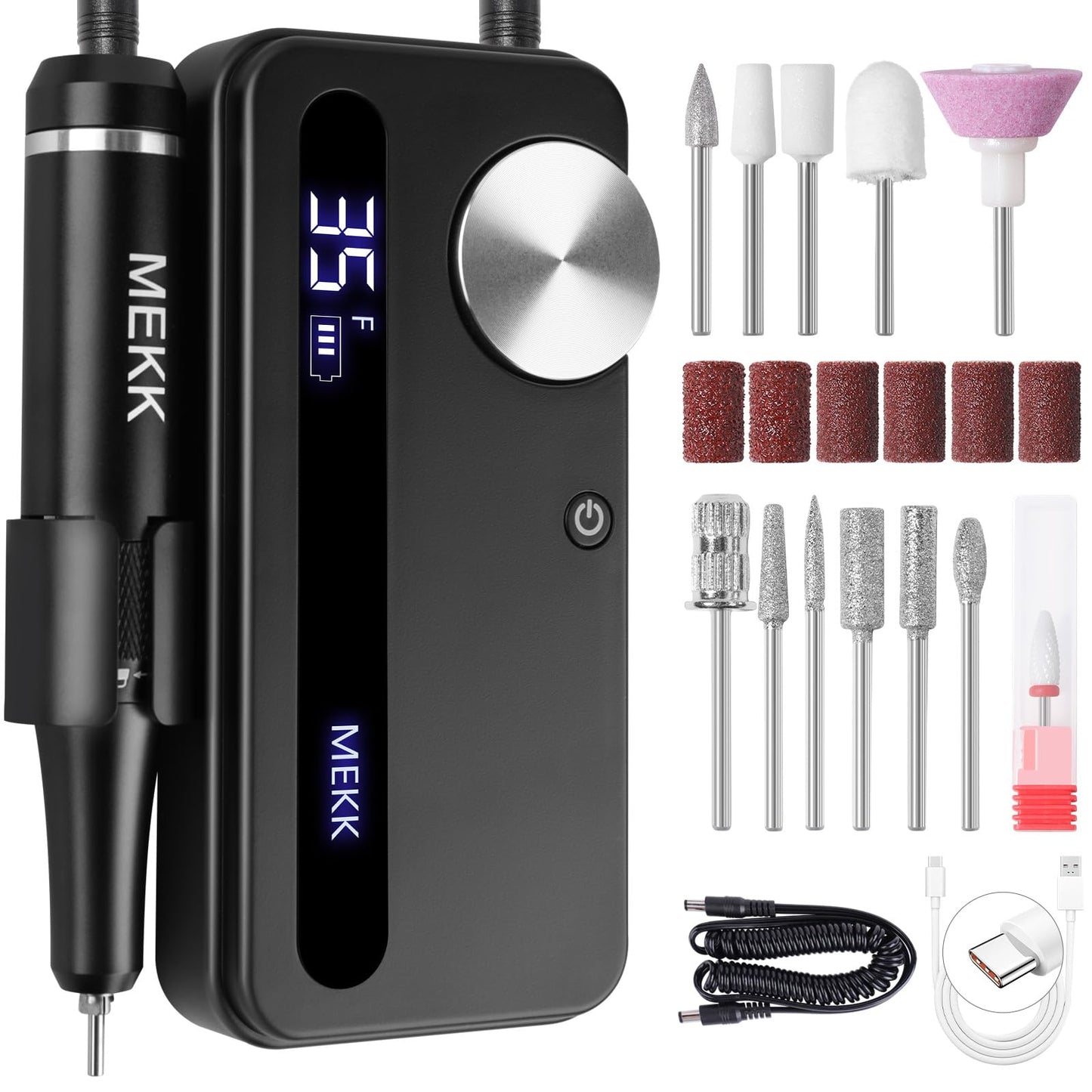 MEKK Nail Drill Kit,35000RPM Electric Nail Drill Professional Electric Nail File with 12PCS Bits,Anti-Shaking Cordless E Filer for Nails with LCD Display,Home & Salon(Black)