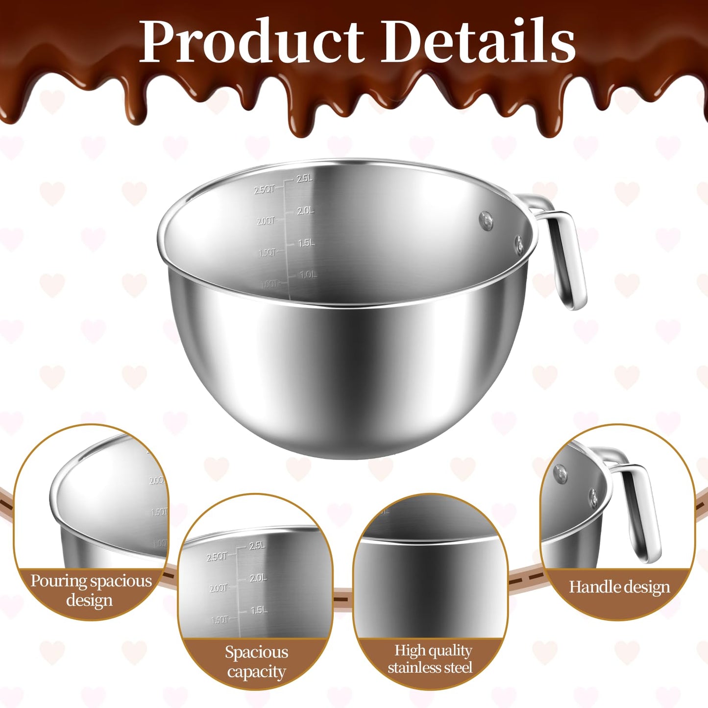 BOHUIZ 304 Stainless Steel Double Boiler with Spatula and Spoon, 4.2QT Dual-Handle Pot 2.6QT Melting Bowl with Scale and Handle Stackable Water Bath Melting Pot Set for Chocolate, Butter, Sugar, Wax