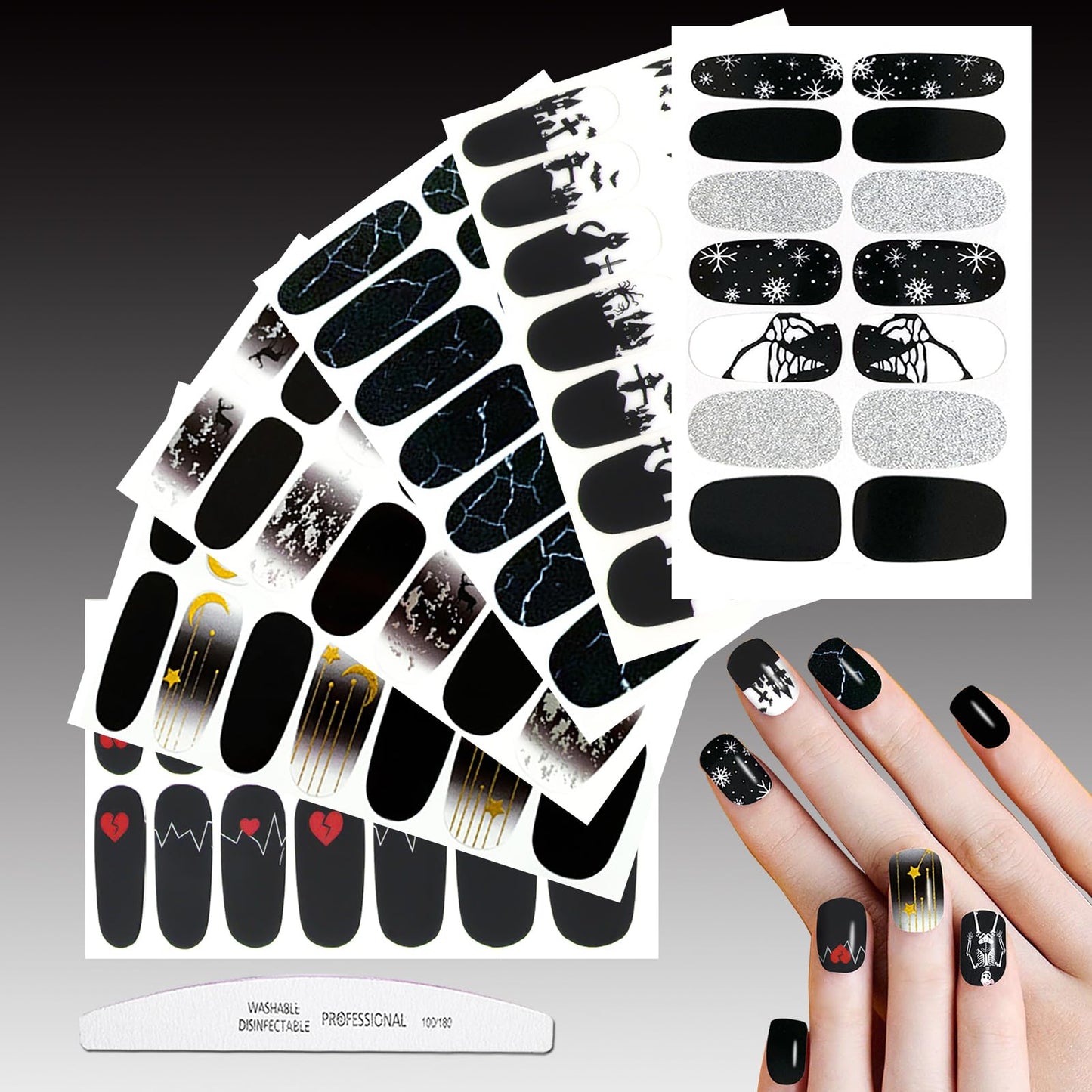 JERCLITY 20 Sheets Black Halloween Nail Polish Strips Black White Heart Snowflake Star Moon Marbled Pattern Gel Nail Strips Black Nail Stickers Full Wraps for Women