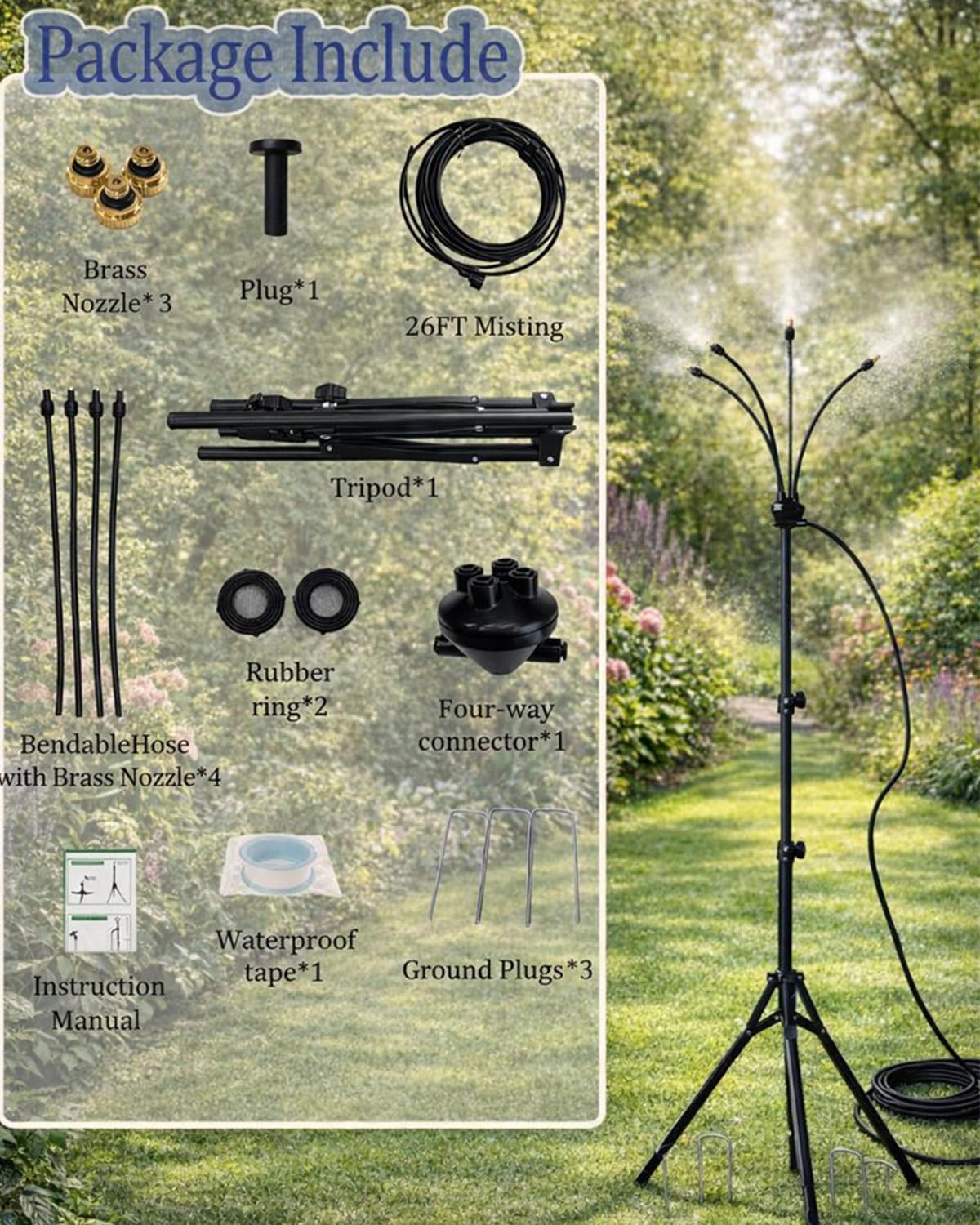 Upgraded 5.3FT Outdoor Misting System, Adjustable Stand with 360° Flexible Hose & 0.5mm Nozzles for Ultra Fine Mist, Patio Cooling Kit for Backyard, Pool, BBQ - Includes 26FT Hose & Tripod