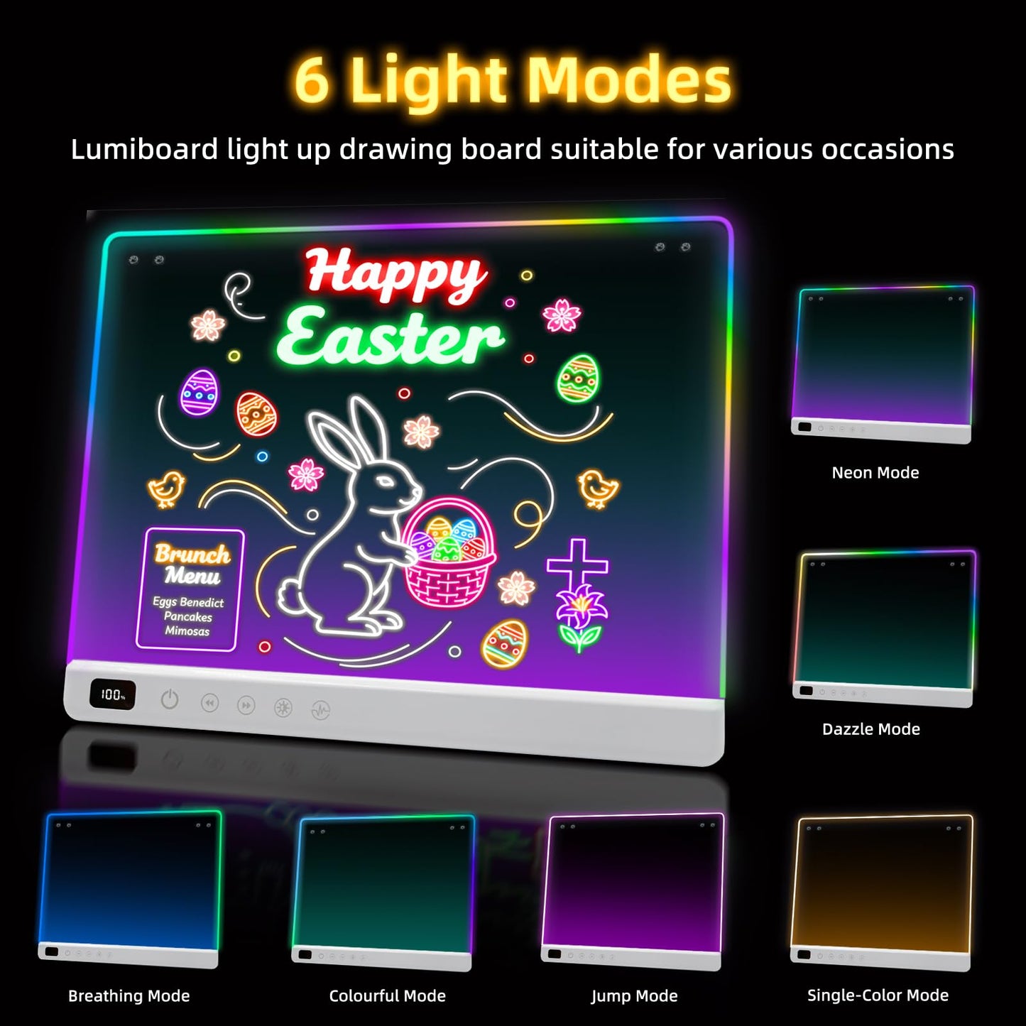 Lumiboard LED Drawing Board for Kids, Rechargeable 16" Light Up Writing Tablet with 8 Colors & 6 Light Modes, Magic Glow Board, Reusable Drawing Pad Gift for Boys and Girls