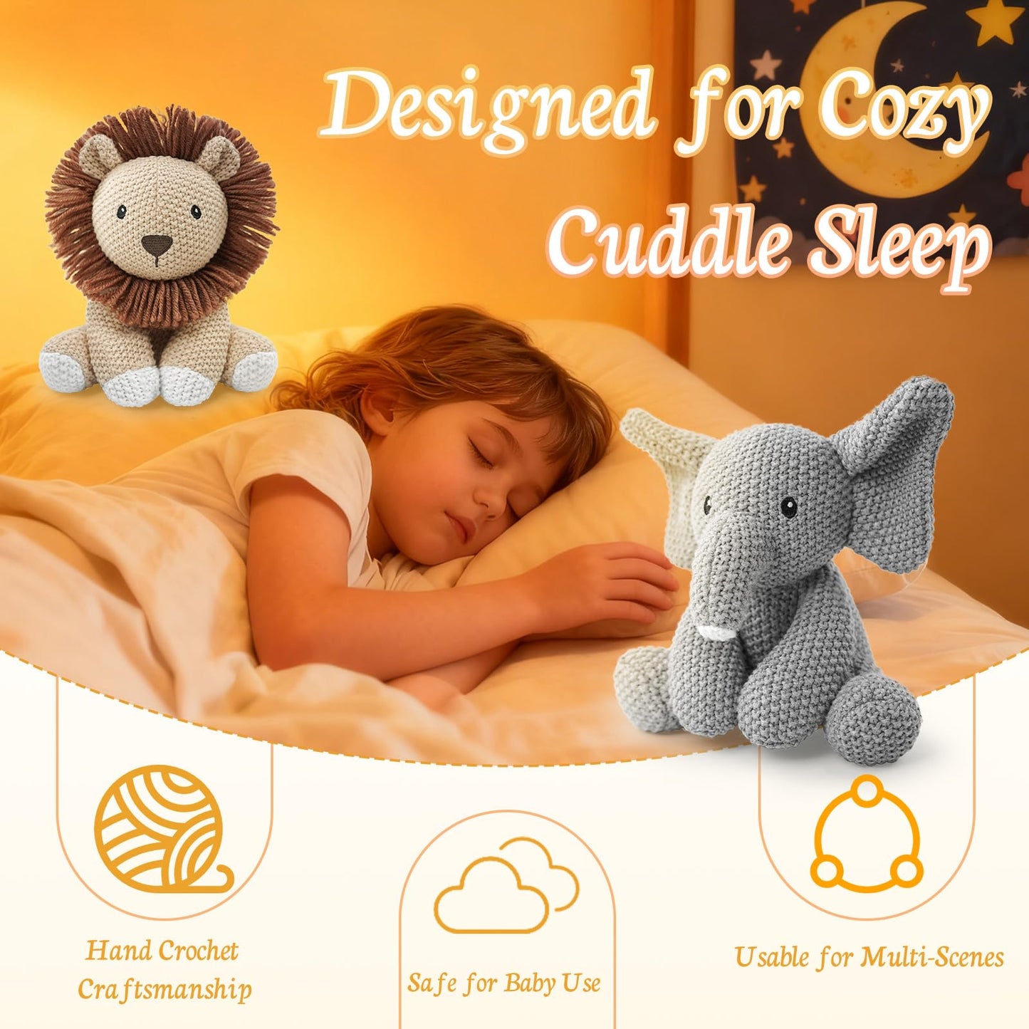 okegztoa 2-Pack Crochet Stuffed Animals (Sitting Lion & Elephant), 8-10 Inches Soft Cotton Thread Plush, Hand-Crocheted Toys, Kid & Adult-Friendly Gifts