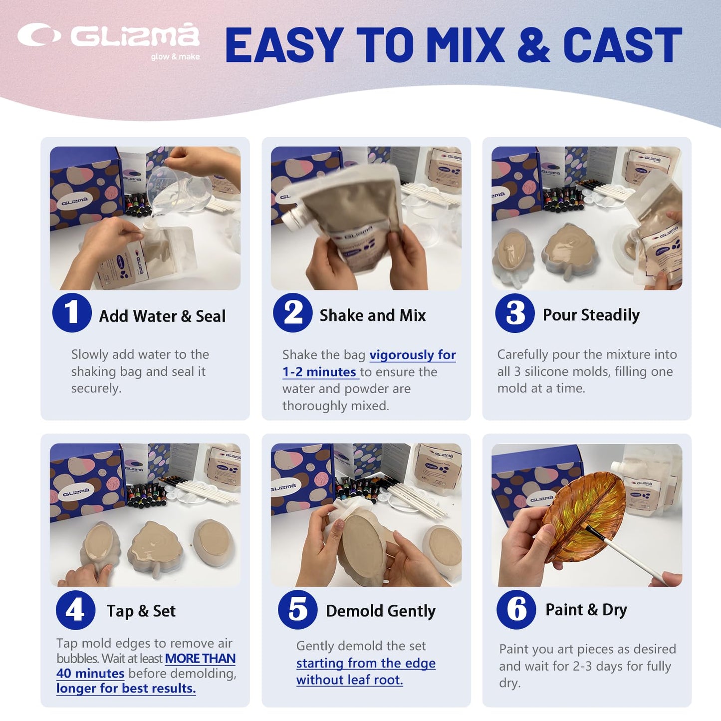 Glizma Complete Gypsum Casting Powder Kit 2 Sets 6 Leaf Trays, Home Decor DIY Beginners Crafts Kits Adults Women, Water Activated, Fast Curing, Date Night Painting Kit(Acrylic Paint Inclueded)