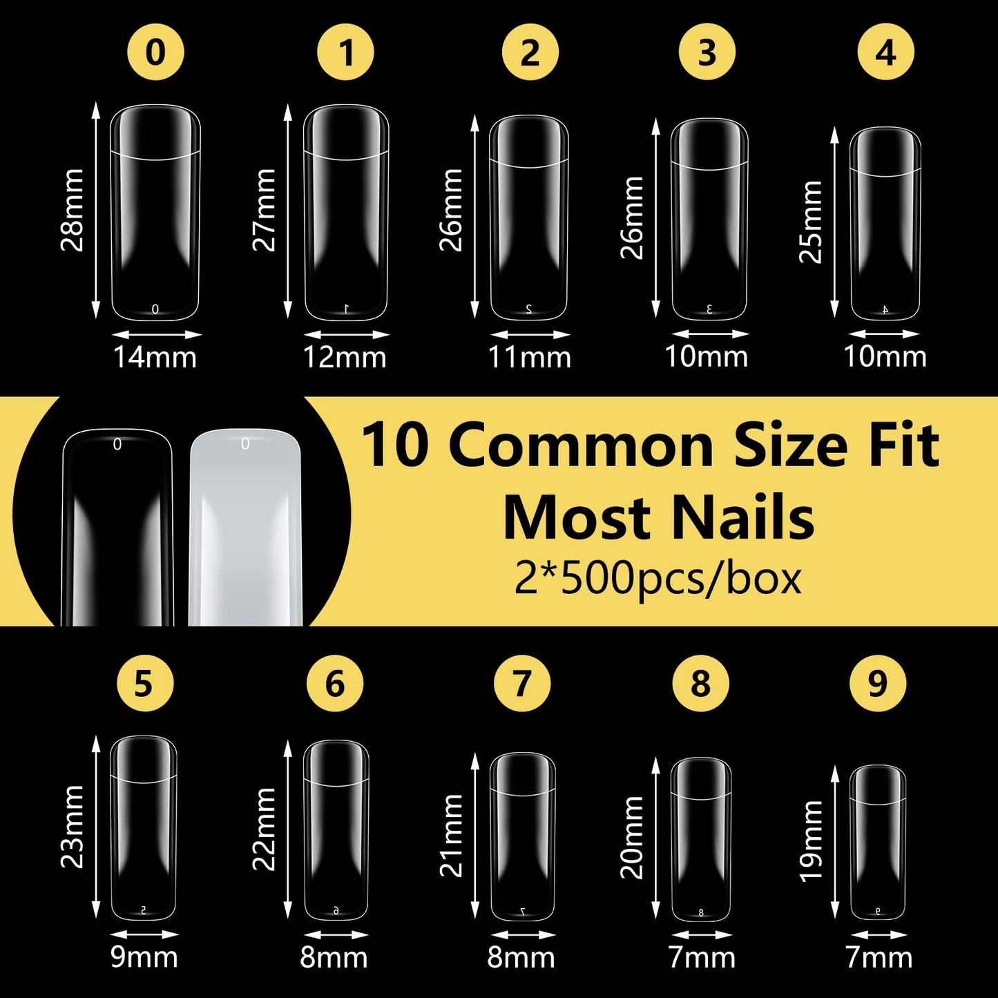Yokilly 1000PCS Square Nail Tips and Glue, Clear Natural False Acrylic Nail Tips, Half Cover 10 Sizes French Artificial Nail Tips Manicure with Nail Clipper, Nail Files and Glue for Dip Powder