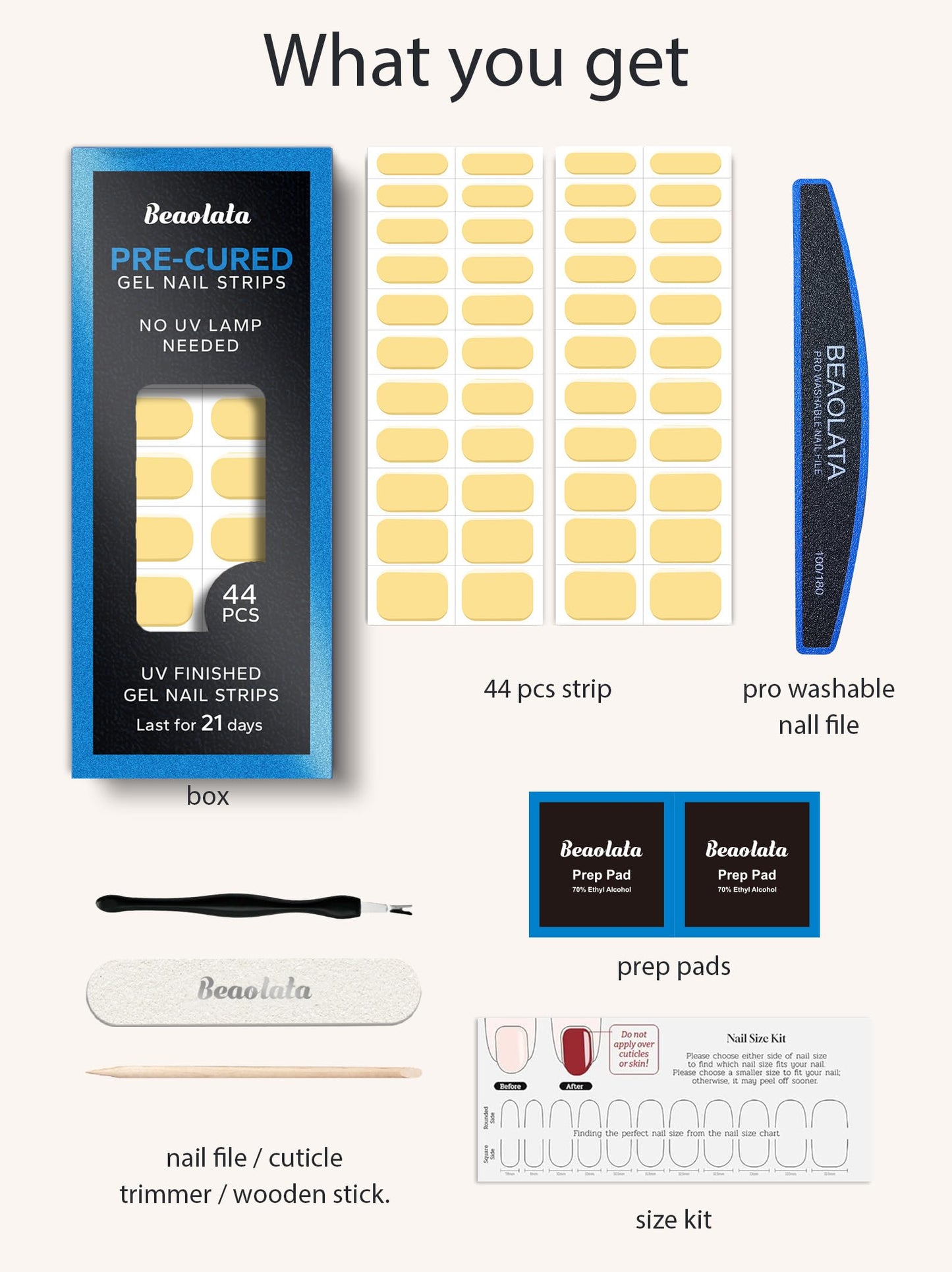 Beaolata Real Gel Nail Strips (No UV Light Needed) - 44Pcs Salon Quality Nail Stickers - Long Lasting Polish Wraps for Women, Easy Apply & Remove (Butter Chic Yellow)