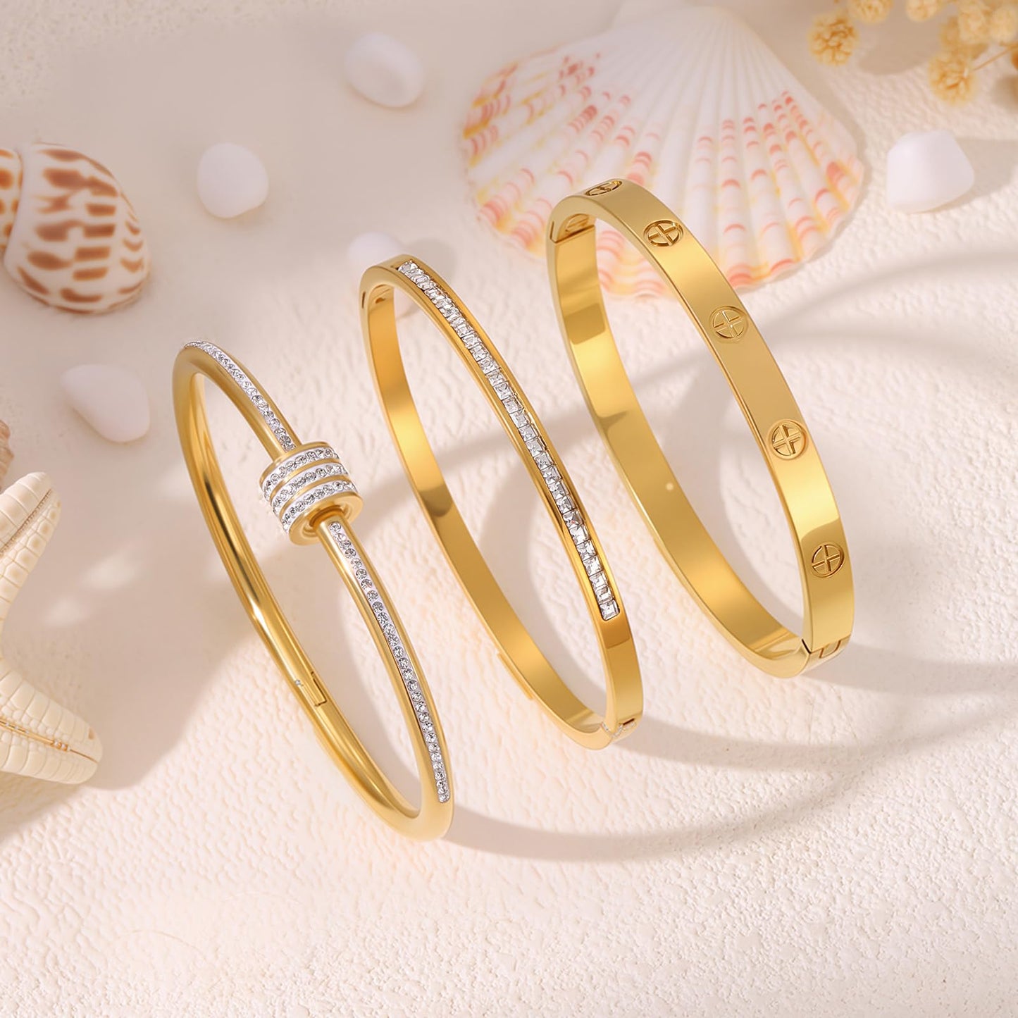 Camhanno Gold Bracelets for Women - Crystal Stackable Bangles with Friendship & Love Theme - Stainless Steel Jewelry, Ideal Birthday Gift (Style 5)