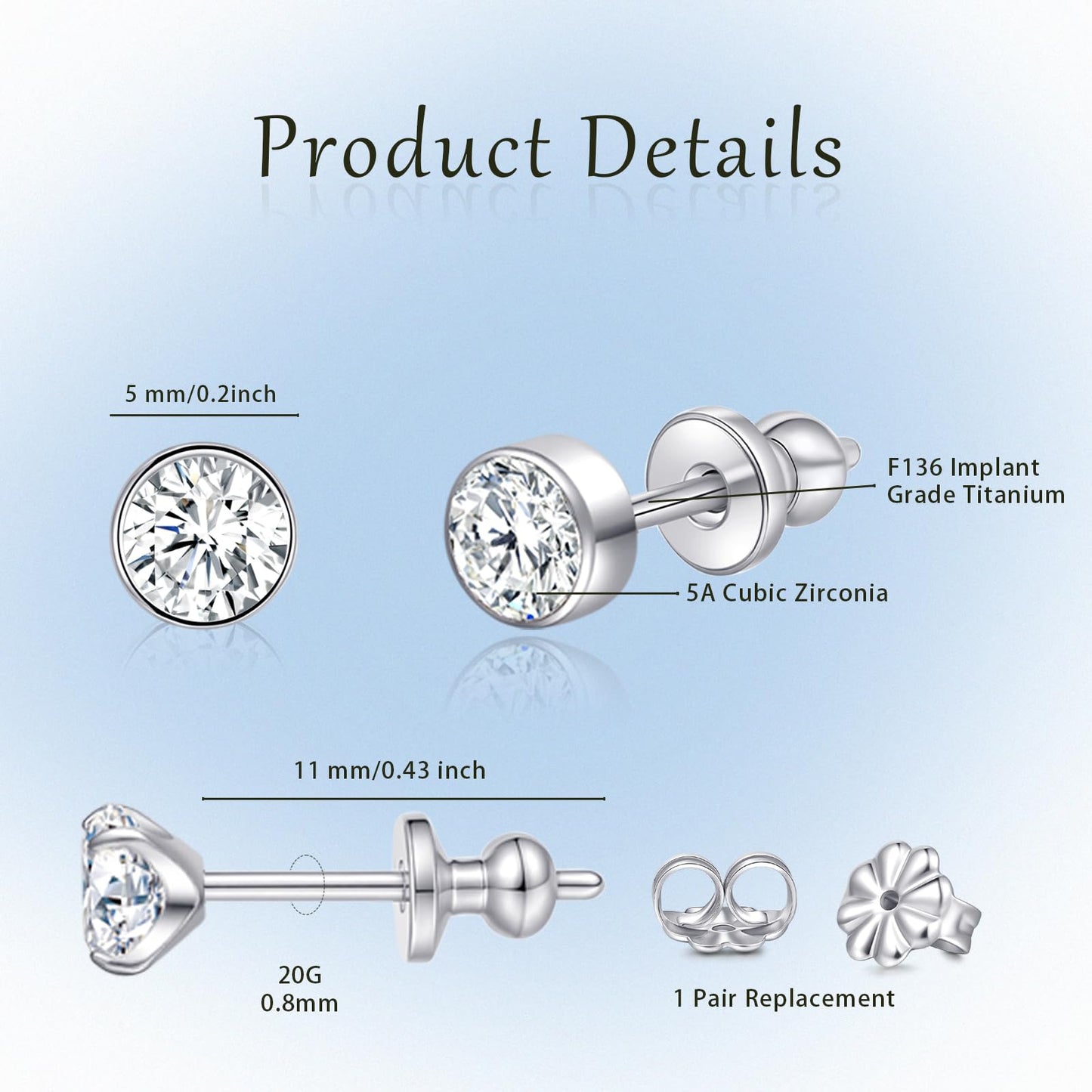 Limerencia Titanium Stud Earrings, Hypoallergenic, Cubic Zirconia, Round, Bright/Princess-Cut, Square/Ball, 5mm, Butterfly Clasp, for Women and Men