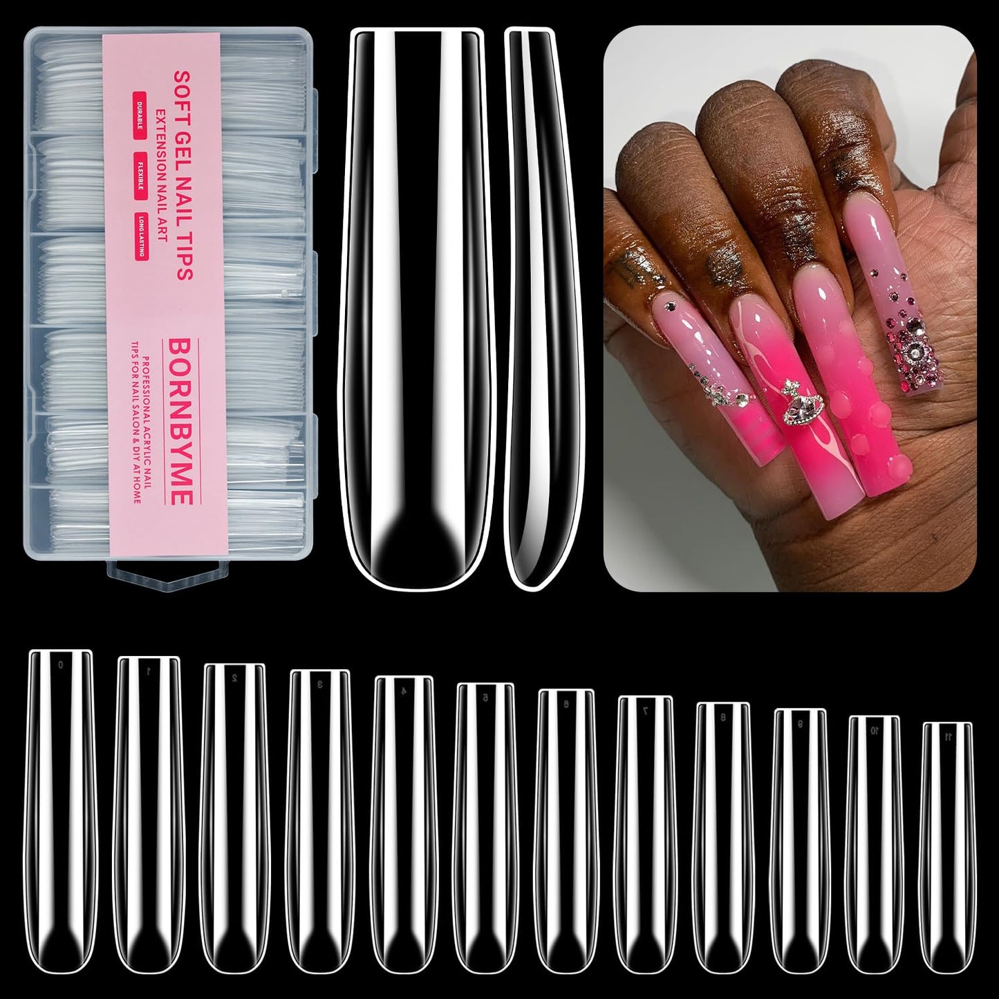 XXXL Nail Tips,BORNBYME Long Square Nail Tip Clear Nail Tips for Acrylic Nail Extension Press on Nails