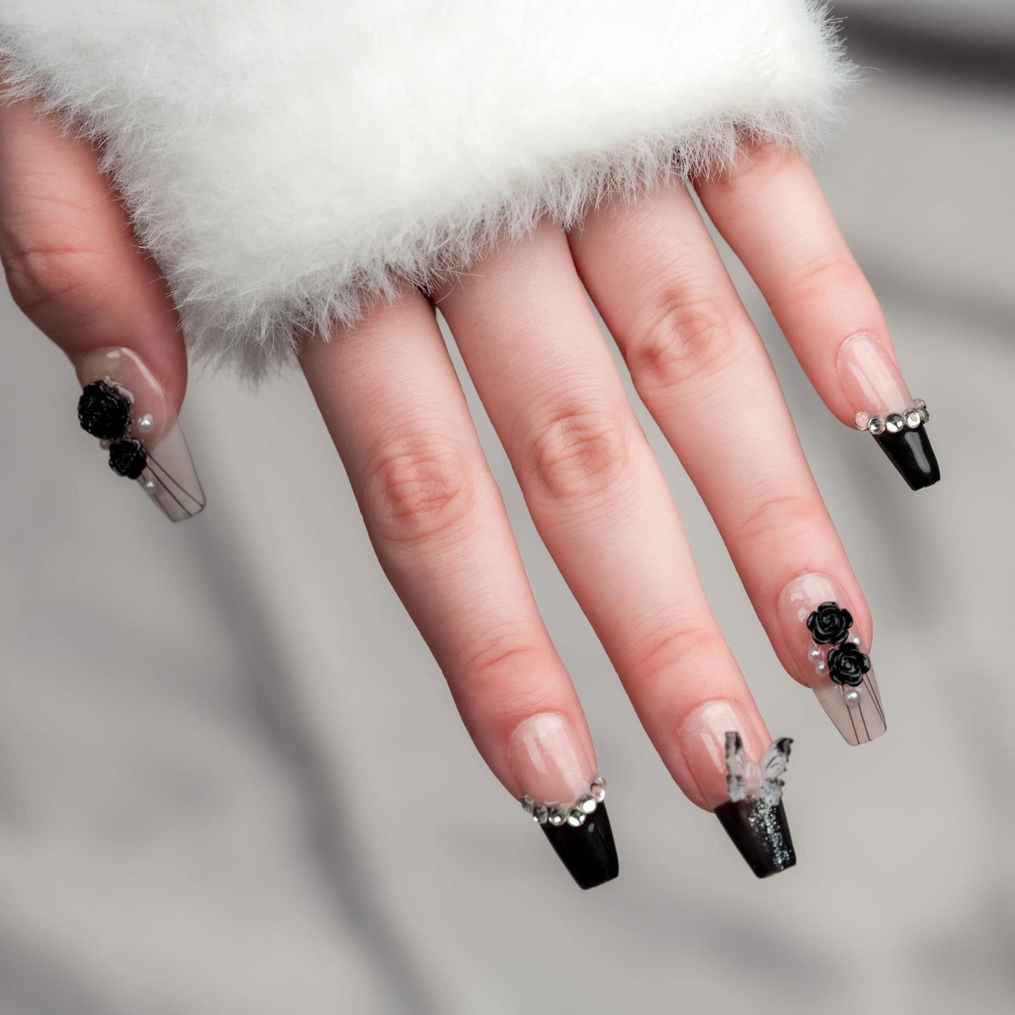 Sun&Beam Nails Handmade Long Coffin Ballerina Nude False Nail Tips with Cute 3D Black Flower Butterfly Diamond Popular Charm Design Press On Nails 10 Pcs (#69 M)