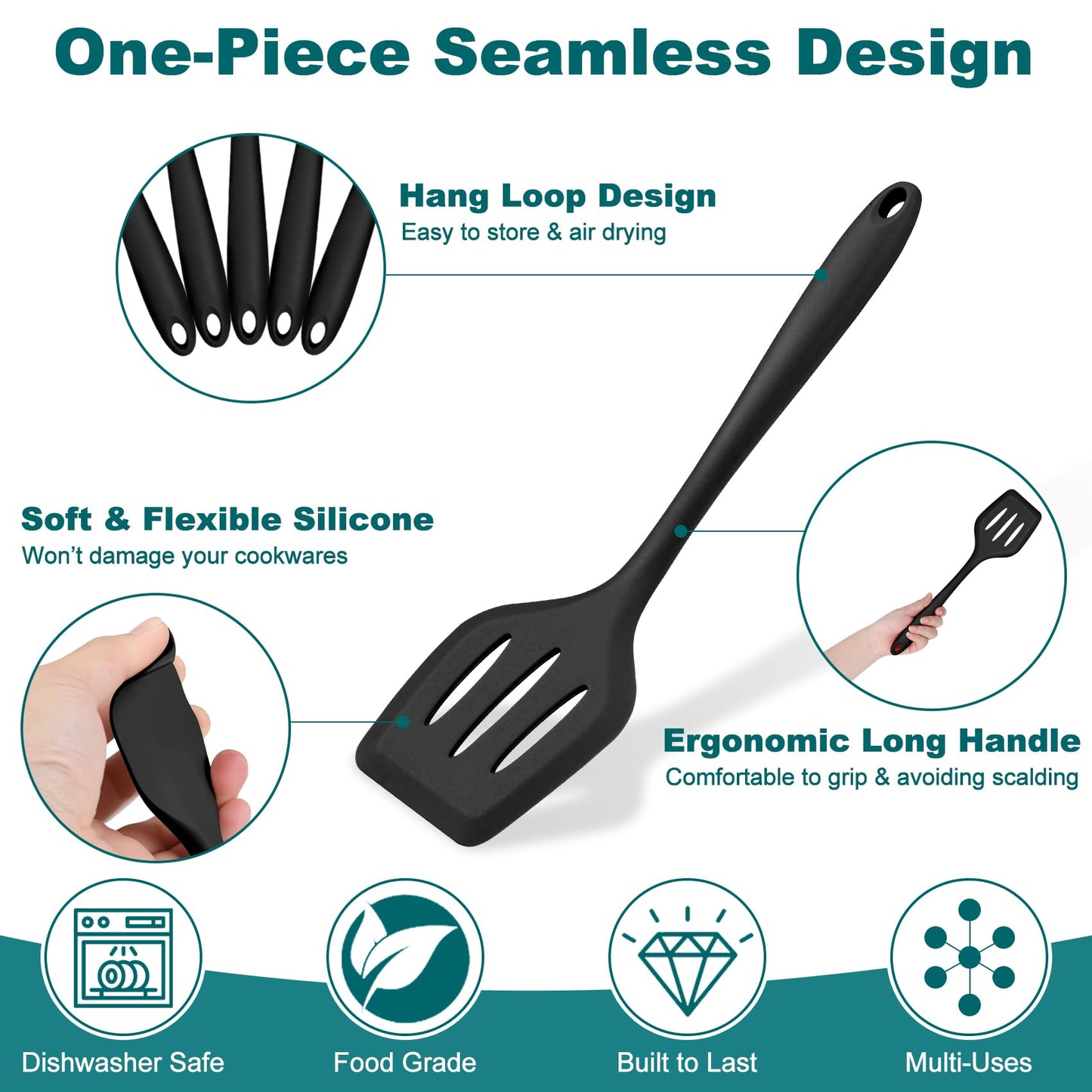 TeamFar Silicone Cooking Utensil Set of 7, Black Kitchen Nonstick Tools Turner Spoon Spatula Ladle Pasta Server for Nonstick Cookware, Healthy & One-Piece, Anti-Heat & Dishwasher Safe