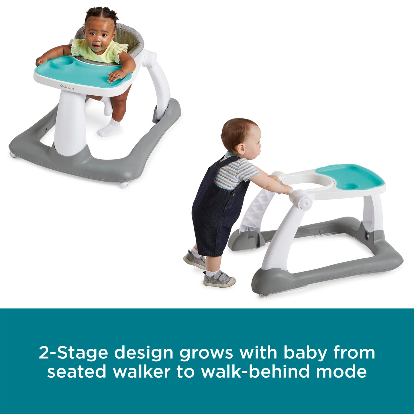Contours Graze 2-in-1 Foldable Infant and Baby Push Walker, Seated or Walk-Behind Design, Removable and Washable Seat Pad and Snack Tray, Height Adjustable Seat Pad, Wide and Sturdy Frame - Gray/Teal
