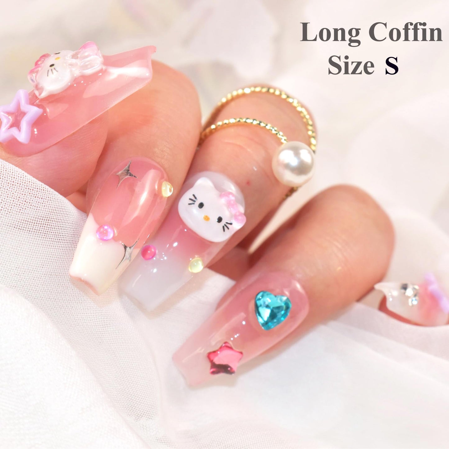 LIFOOST Press on Nails Handmade Fake Nails Medium Coffin Gel Finished False Nails Cute Kawaii Y2K 3D Cartoon Cat Design 10Pcs, Size Small