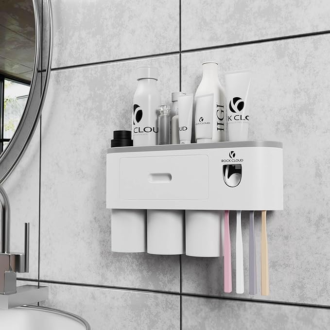 ROCK CLOUD Toothbrush Holder Wall Mounted Automatic Toothpaste Dispenser Squeezer Kit Saving Space, 4 Toothbrush Slots,2 Cups and Drawers for Bathroom