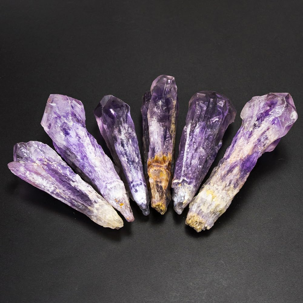 6pcs Set Natural Raw Amethyst Point Wand, Single Terminated Crystal Cluster Scepter, Healing Crystal Point, Positive Energy Gemstone, Reiki Meditation Spiritual Ornament,Home Decor & Crystal Gift