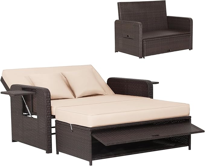 HAPPYGRILL Patio Rattan Wicker Daybed with Loveseat & Storage Ottoman, Outdoor Lounge Sofa Furniture Set with Adjustable Backrest & Side Trays, for Poolside Deck Porch Lawn (Mix Brown & Beige)