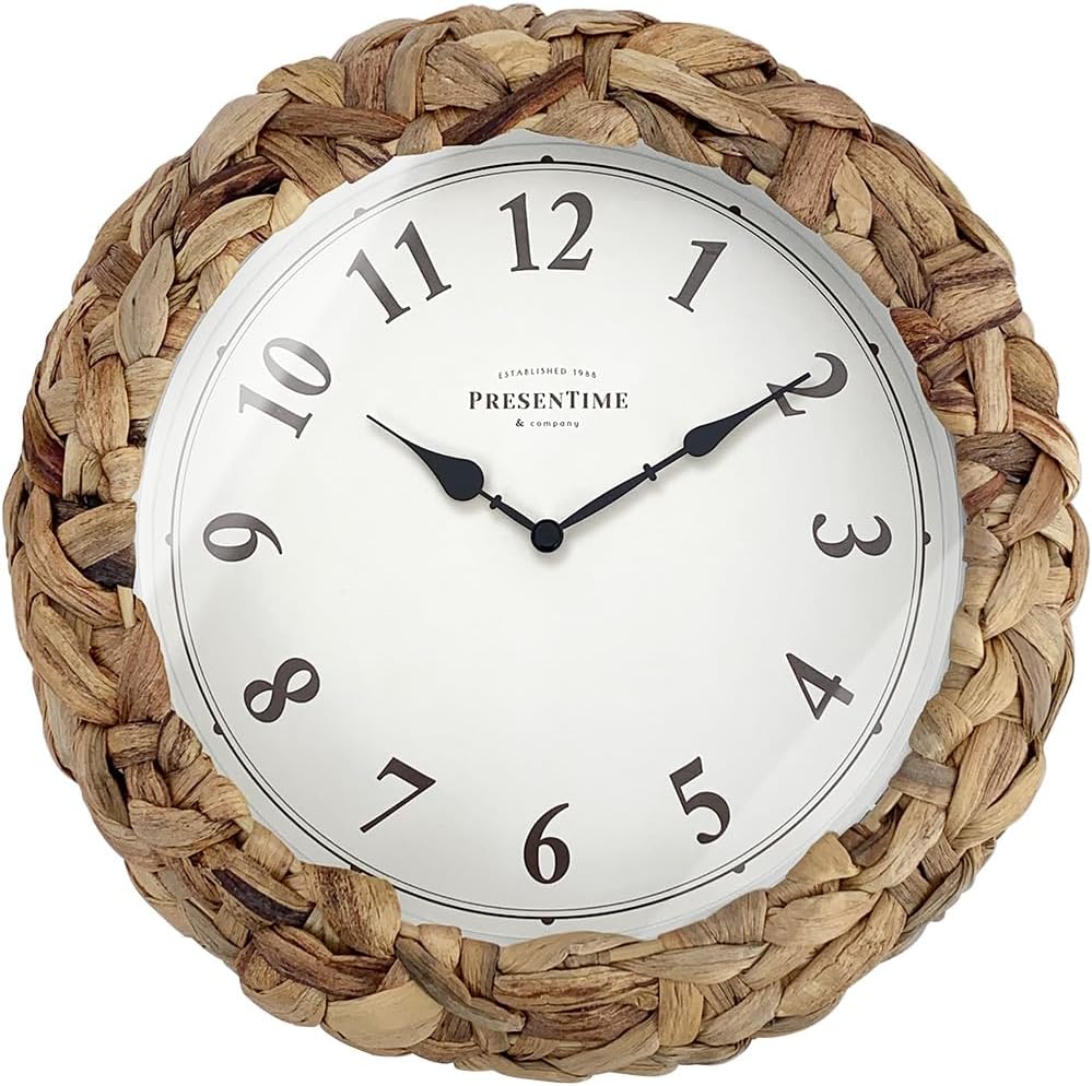 Presentime & Co Farmhouse Series, Rustic Woven Clock, 10.5 inch, Natural Woven Water Hyacinth/Sea Grass. Wall Sculpture, Wall Art and Timepiece for Home Decoration/Decoration/Farmhouse Décor.
