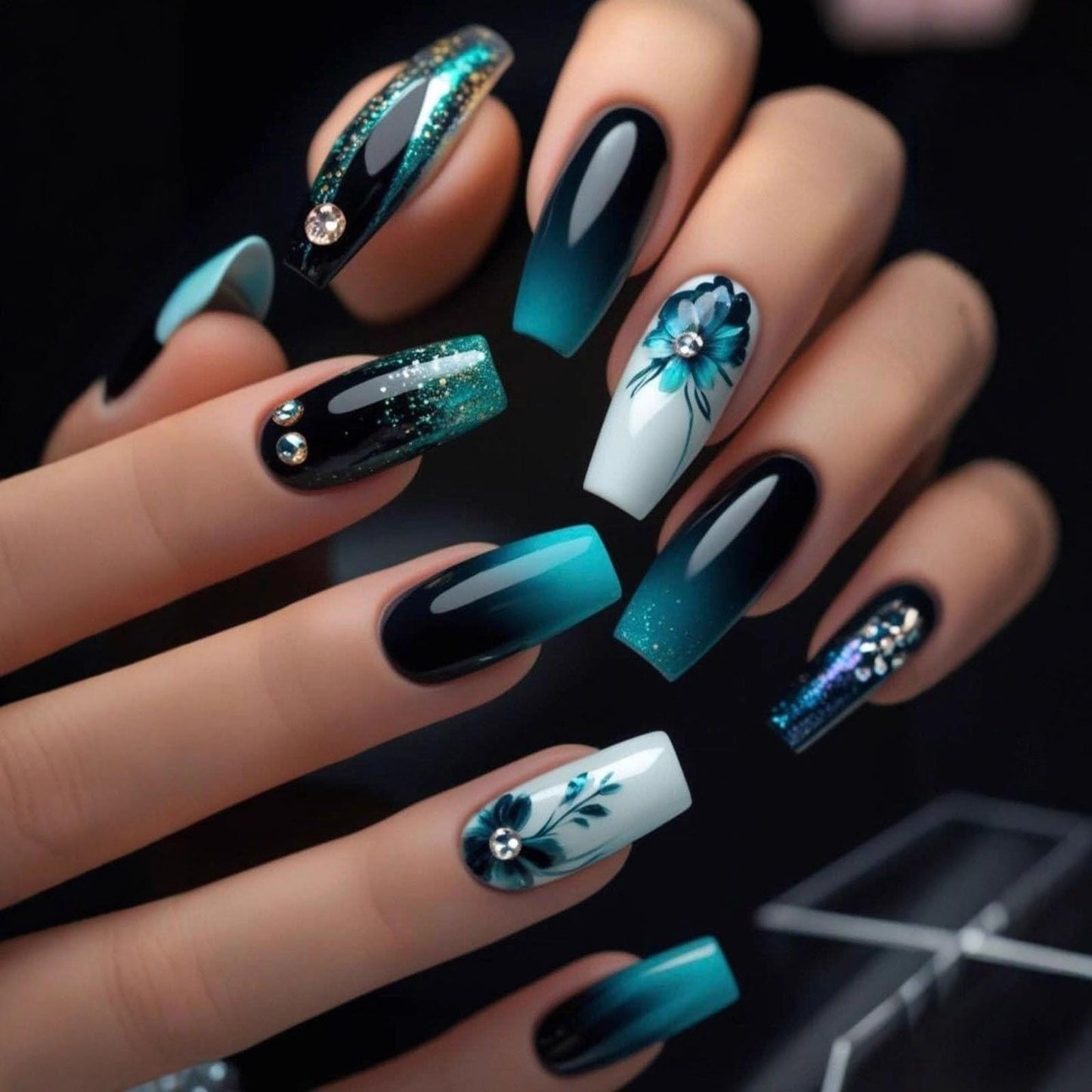 Chunmeng 24 pieces blue black gradient nail coffin, blue-green flowers with rhinestone glossy acrylic, suitable for women's daily gatherings