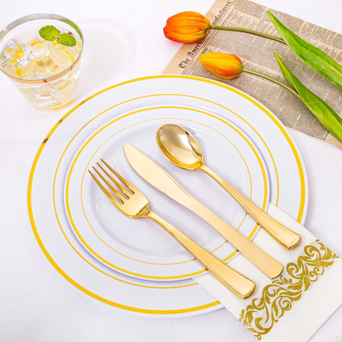 175 Pcs Gold Dinnerware Set, Plastic Plates Disposable for 25 Guests Include:25 Gold Rim Dinner Plates, 25 Dessert Plates, 25 Paper Napkins, 25 Cups, 25 Silverware Set Perfect for Party