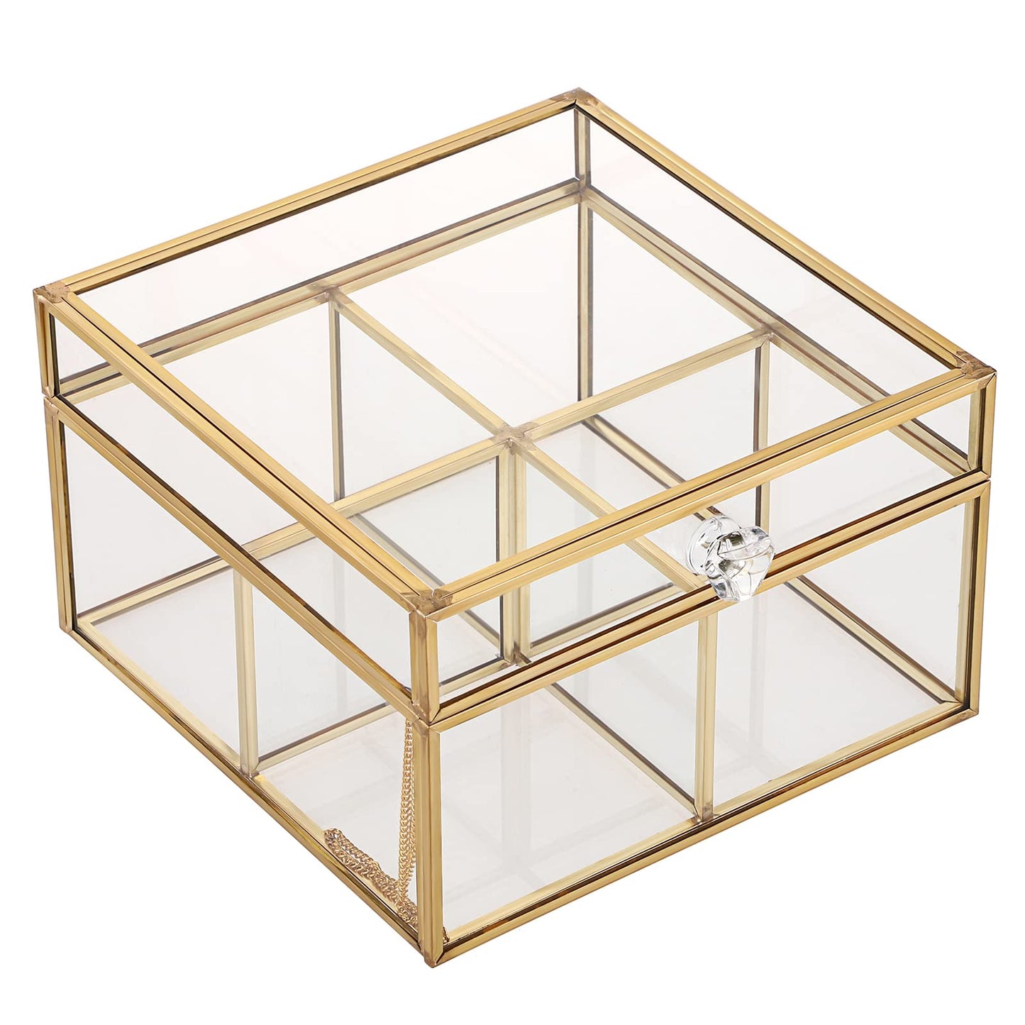 ELLDOO Gold Glass Tea Bags Box with Lid, Trinket Jewelry Box Countertop Storage for Sugar Packets Makeup Sponges Jewelry, 4 Grids, Glass Box Only