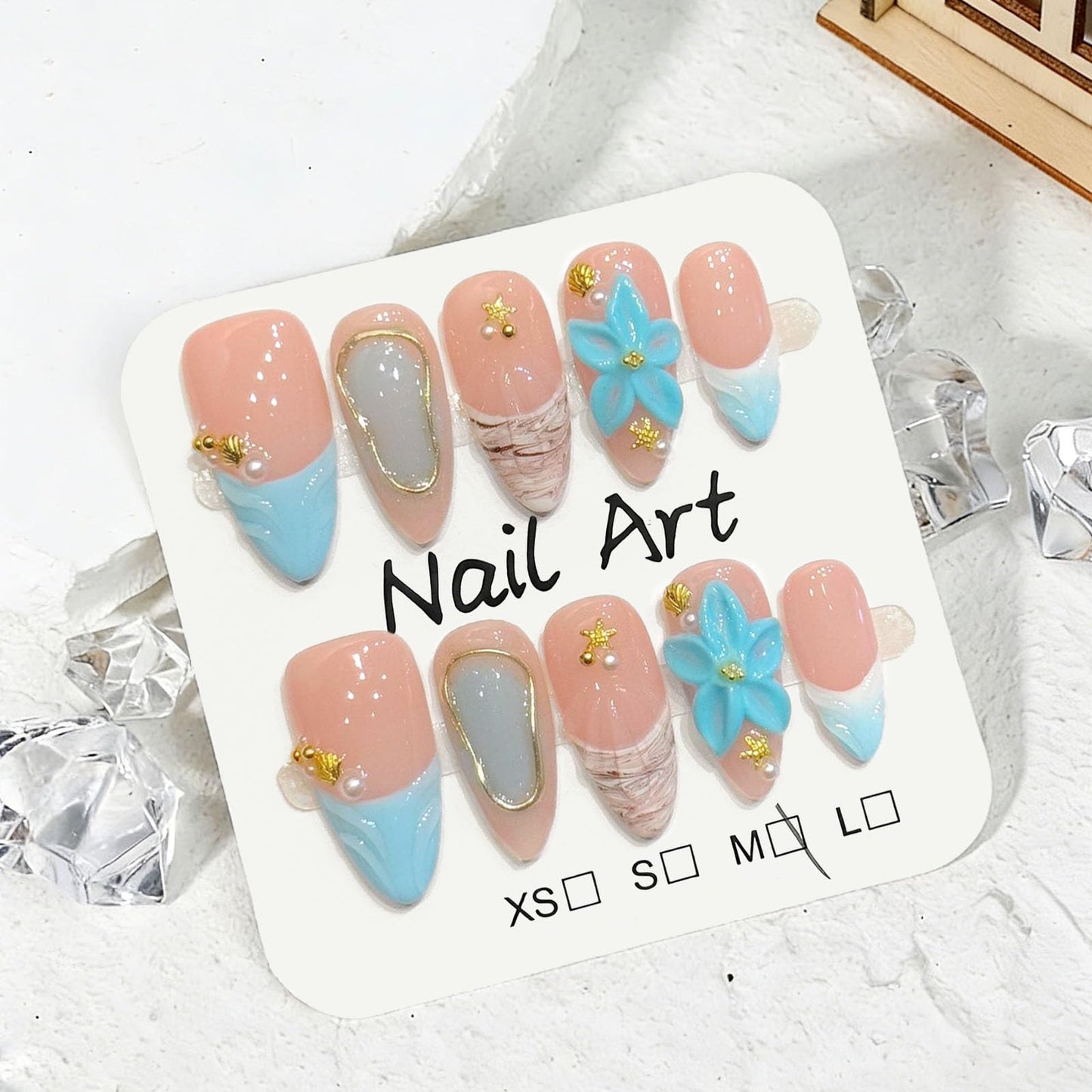 10 Pcs Handmade Press on Nails Medium Almond Fake Nails with Blue 3D Flower Design French Tip Acrylic False Nails Pink Medium Almond Press Ons Nails M Size for Women Beach Manicure