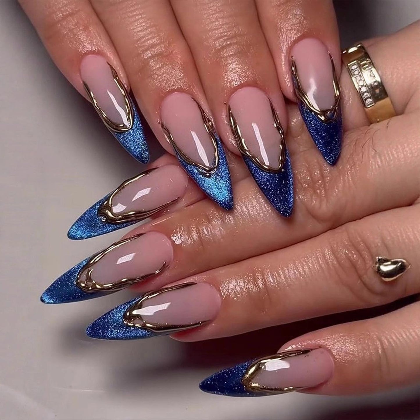 MISUD Press on Nails - Long Stiletto Fake Nails with Blue Cat Eye, Acrylic Gold Chrome Design 24 pcs