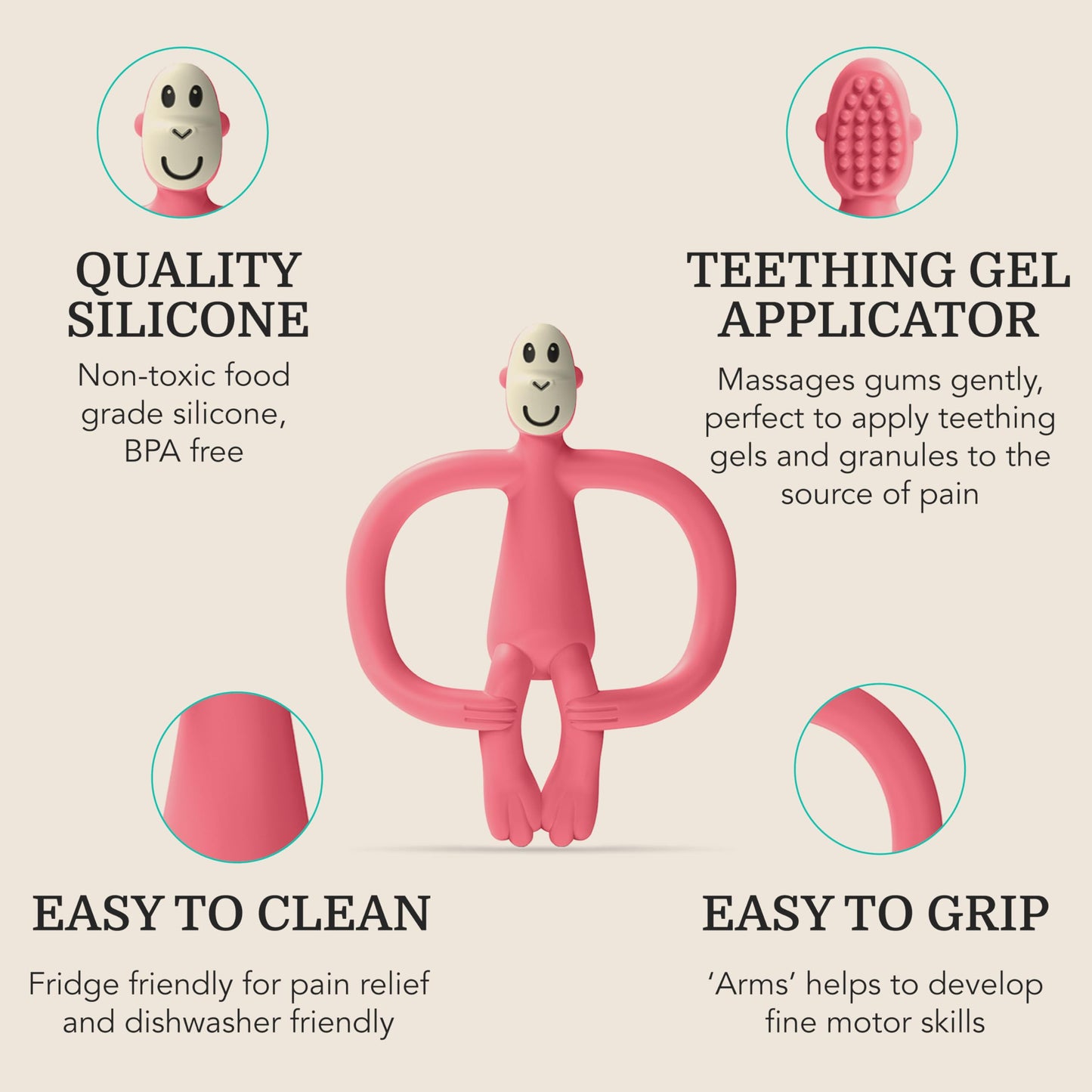 Matchstick Monkey Silicone Teether & Gel Applicator – Silicone Baby Teether, Easy-to-Grip, BPA-Free, Supports Self-Soothing & Early Brushing, 3 Months+, 4 Inches, Pink
