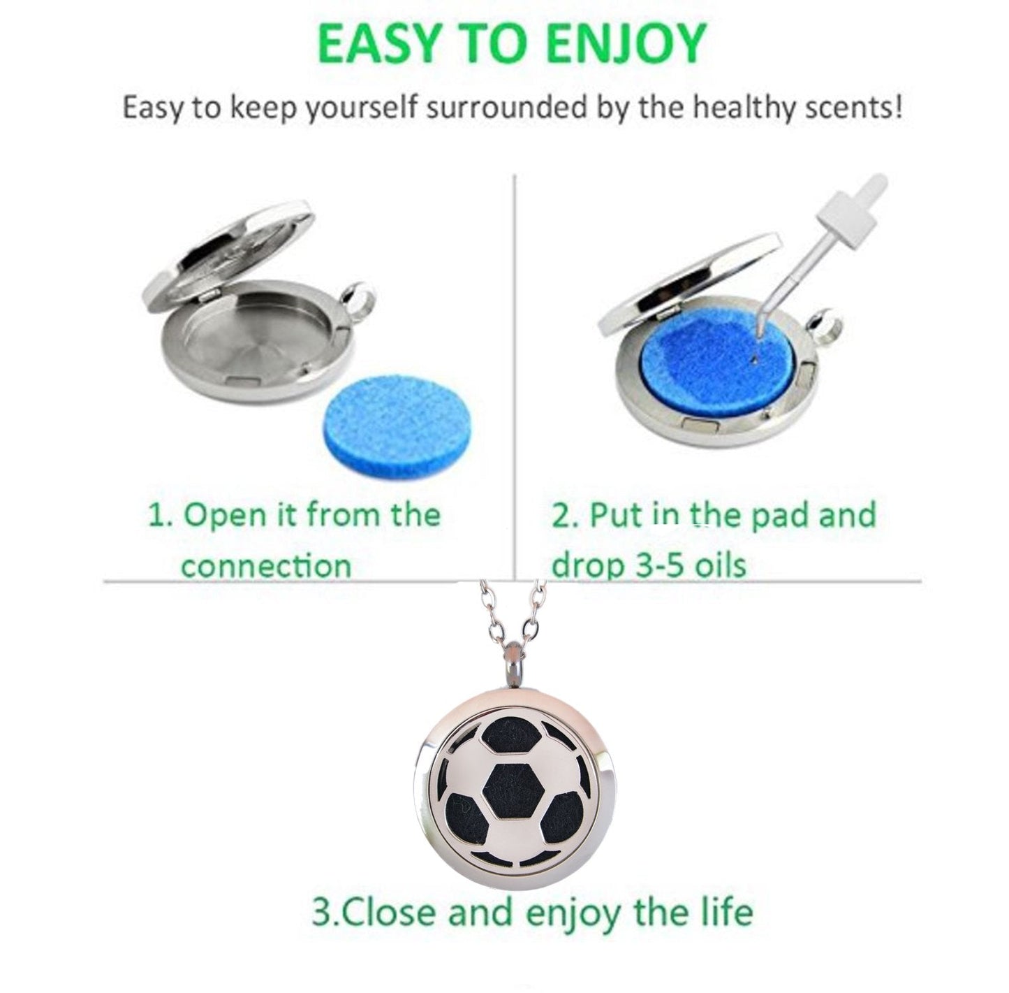 Aromatherapy Essential Oil Diffuser Stainless Steel 30MM Silver Magnetic Locket Pendant with Chain Necklace and Colored Refill Pads & Diffuser Bracelet All in a Velvet Bag (Soccer)
