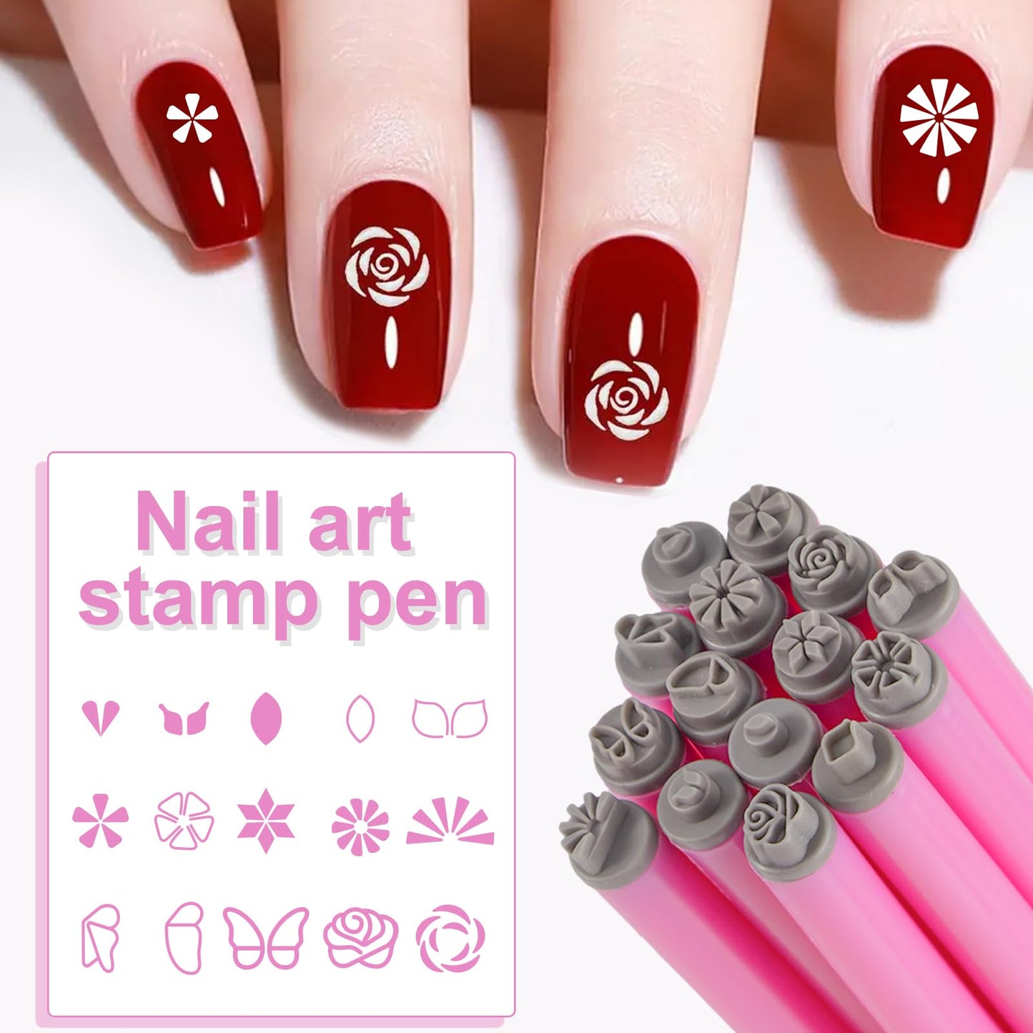 JERCLITY 15pcs Nail Art Stamp Pen Set Flower Leaf Butterfly Patterns Nail Art Stamps Pen Manicure Graffiti Tools Nail Art Pens for Women Girls