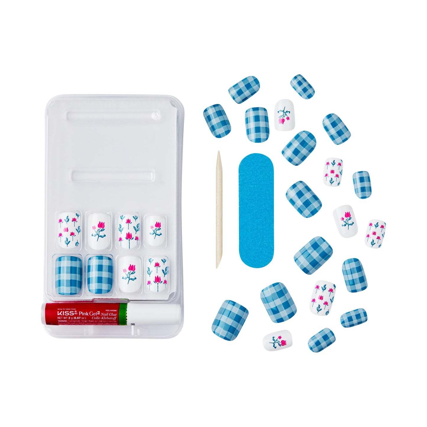 WICKED X KISS Press On Nails, ‘Marvelous Munchkinland’, Blue, Short Squoval, Waterproof, Chip Proof, Smudge Proof, 28 Fake Nails, Pink Gel Nail Glue (2g), Mini Nail File, & Manicure Stick