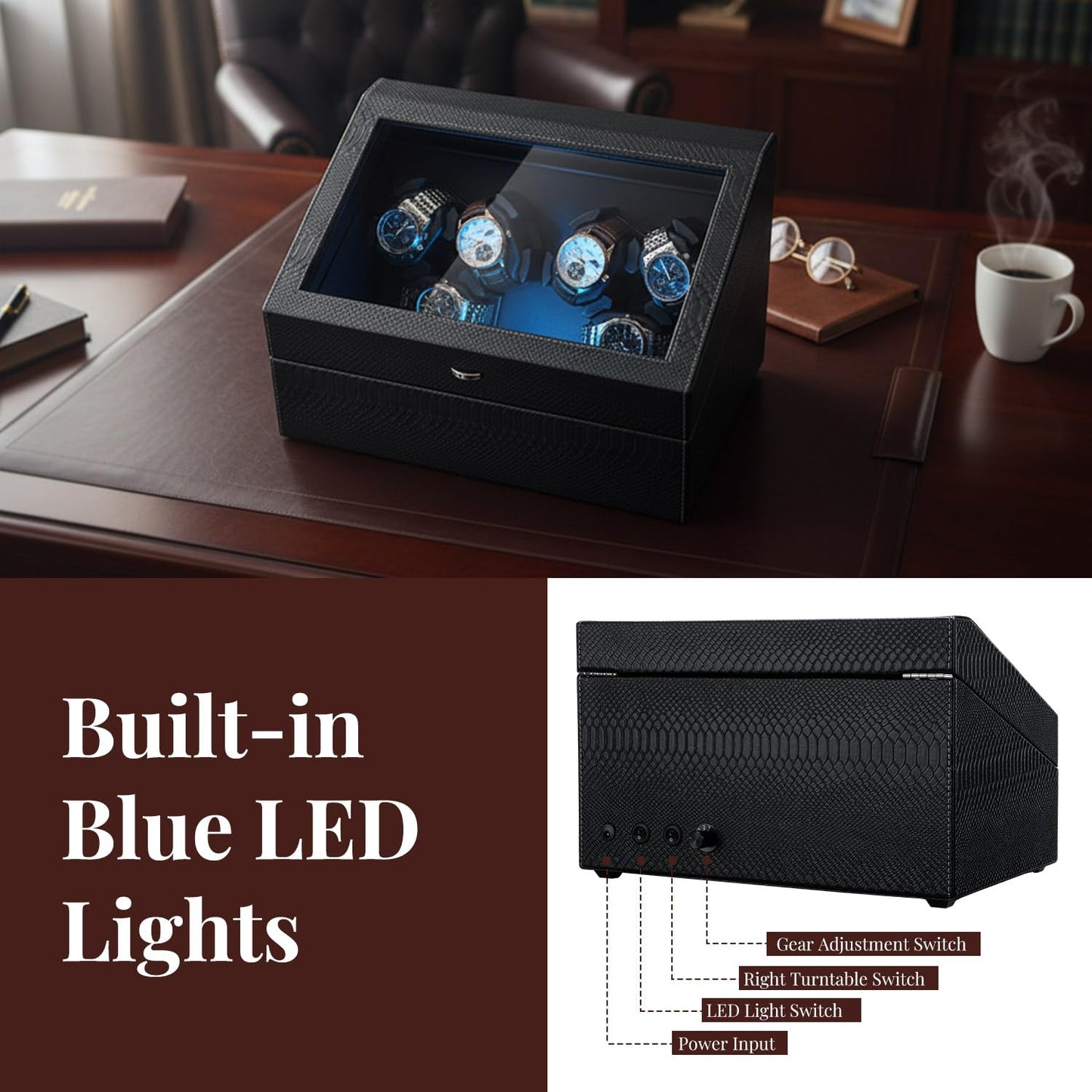 Mcbazel Watch Winder for Automatic Watches, 6 Watch Winder + 6 Storage Case, Watches Winder Box with Super Quiet Motor, Blue LED Light, Memory Foam Pillows, Gift for Men & Women - Black