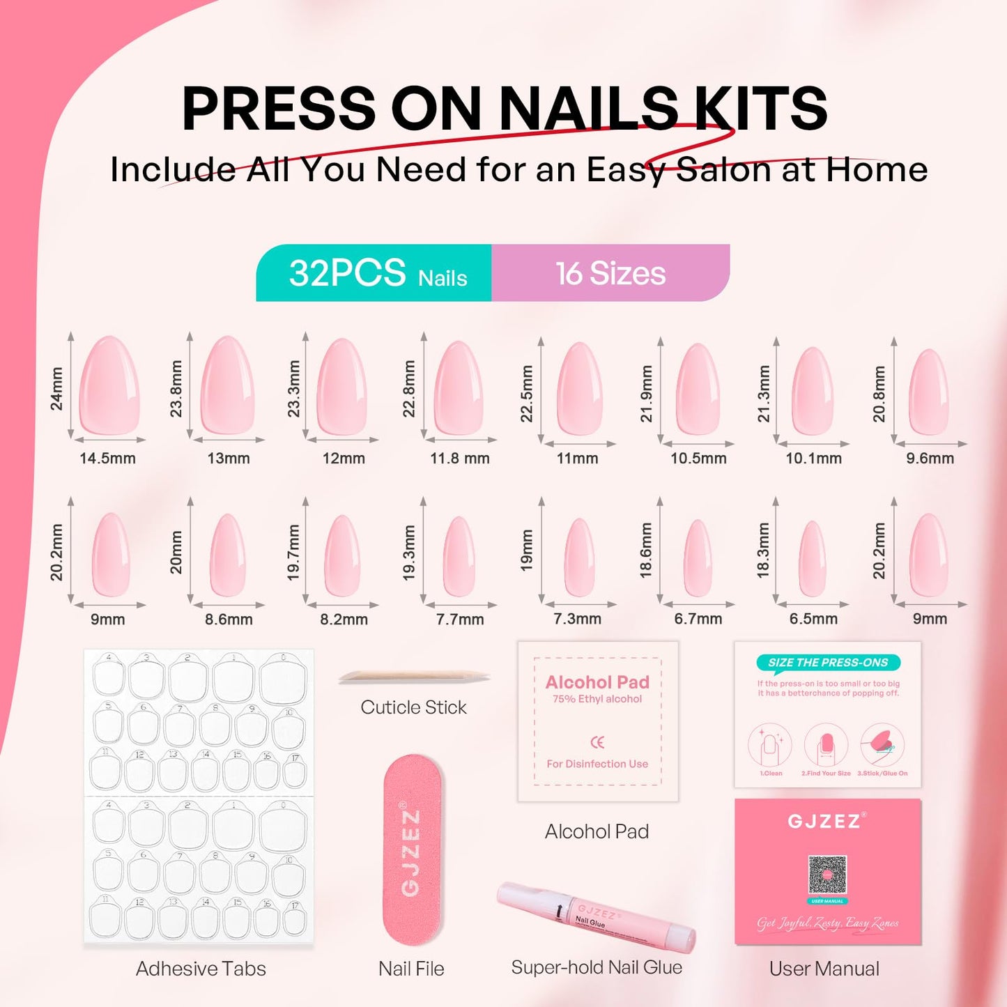 Milky White to Pink French Tip Press on Nails - GJZEZ Soft Gel Medium Almond Ombre Gradient Fake Nails with Gold Line | 16 Sizes - 32 Pcs Reusable Salon Perfect Faux Nail Gifts for Women, Glossy Gild