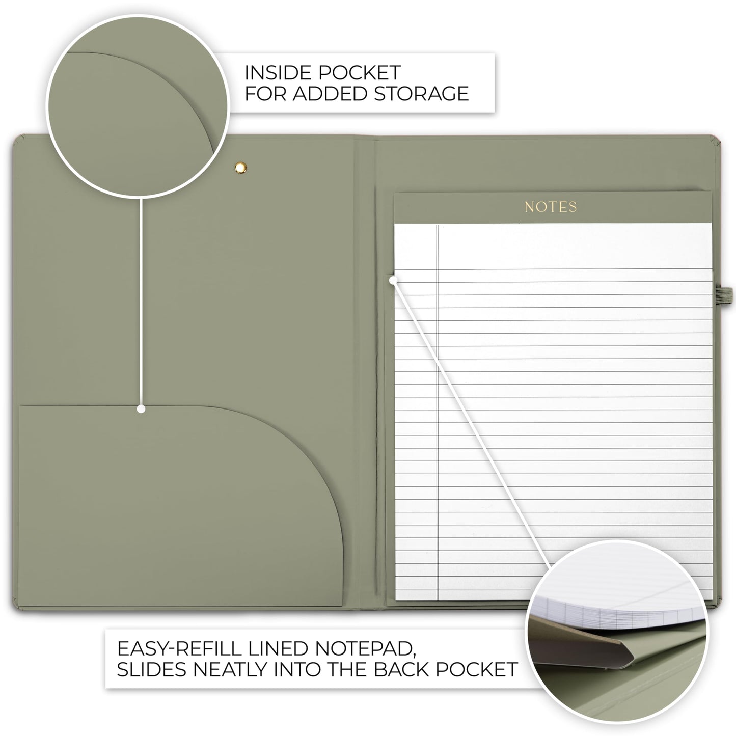 Aesthetic Clipboard Folio with Refillable Lined Notepad & Interior Pocket – Cute Padfolio/Legal Pad Holder for Women – Easily Organize Notes at Work, School, or Home