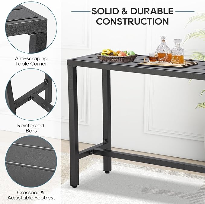 Outdoor Bar Table, Patio Console Pub Height Tables with Powder Coated Steel Frame, Weather Resistant Waterproof Top for Hot Tub, Balcony, Garden, Yard, Poolside (Grey, 47" Narrow Bar Table)