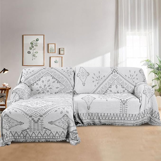H.VERSAILTEX Reversible Sofa Cover Couch Cover for Dog Sofa Slipcover for Most Shape Sofa Furniture Protector with Tassels Sectional Couch Cover (Large: 71" x 102", Dove Grey/White)
