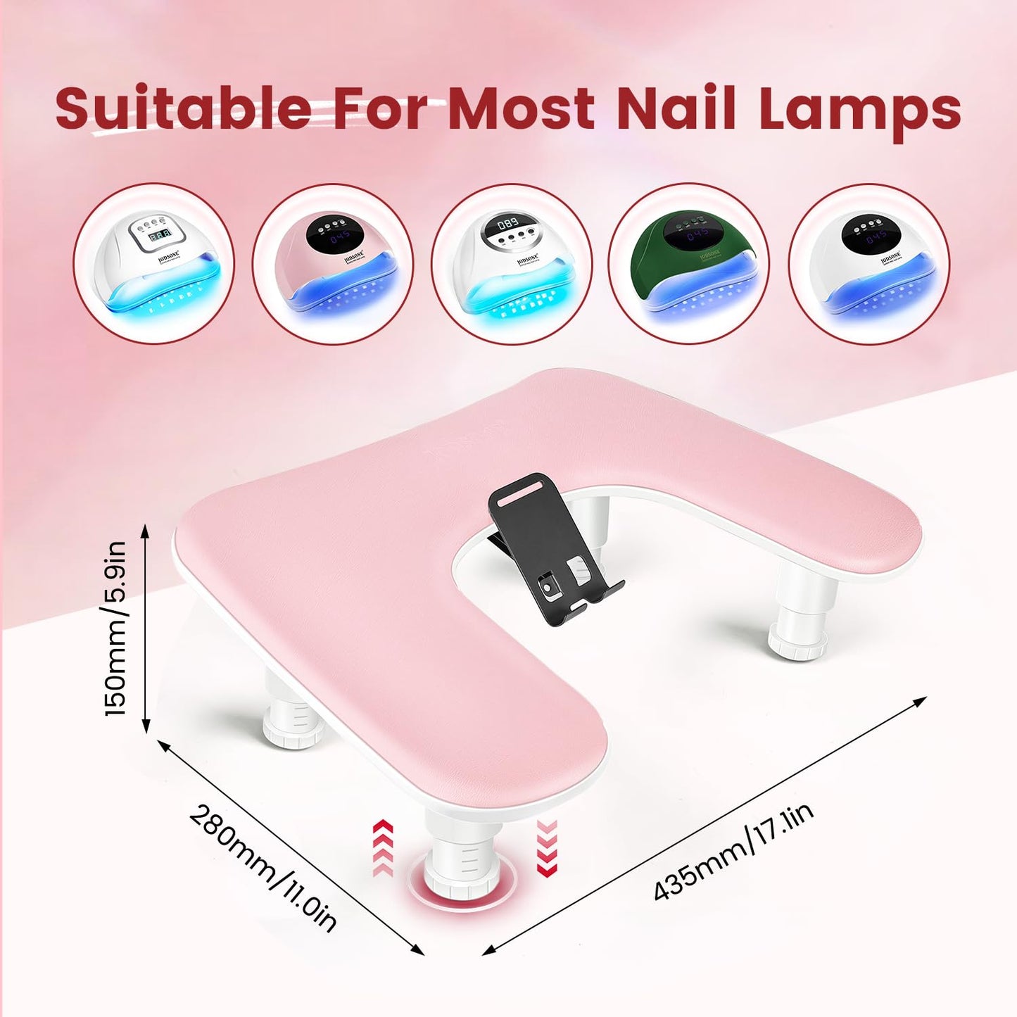 JODSONE Pink U-Shaped Manicure Arm Rest for Nails Tech with Rotating 360°Built-In Phone Holder and Adjustable Nail Arm Rest Detachable Manicure Hand Rest for Salon Design