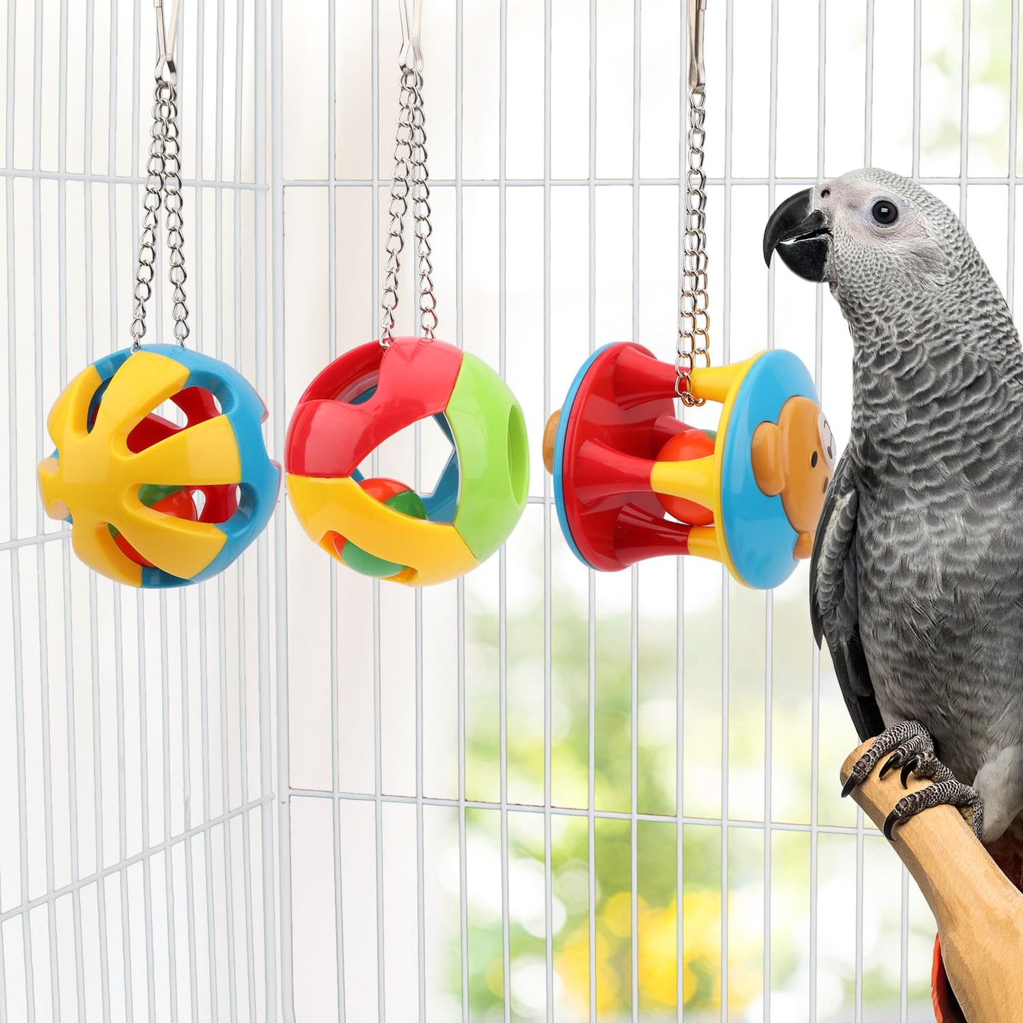 Hypeety Parrot Colorful Ball Toys with Bell Cage Hanging Chewing String for Parakeet Conure Cockatiel Small Medium Birds (A+B+C)