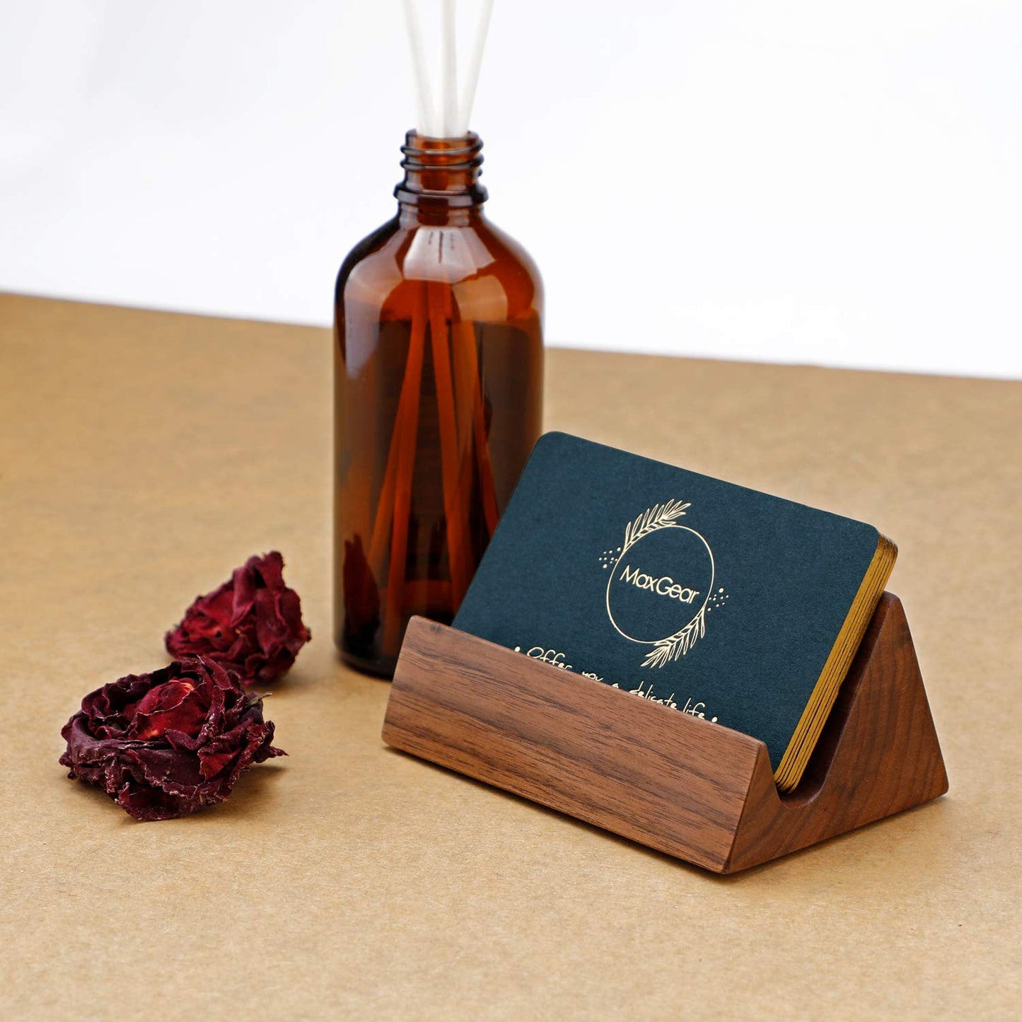 MaxGear Walnut Wood Business Card Holder, Wooden Desk Organizer for Storing & Displaying Business Cards, Elegant Mountain Design with Non-Slip Base for Office