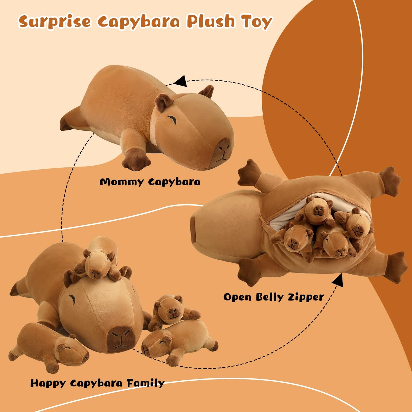TOYSYM Capybara Plush Cute Capybara Stuffed Animal Pillow with 4 Baby Plushies in Her Tummy, Soft Cotton Stuffed Animals Toy Gifts for Kids