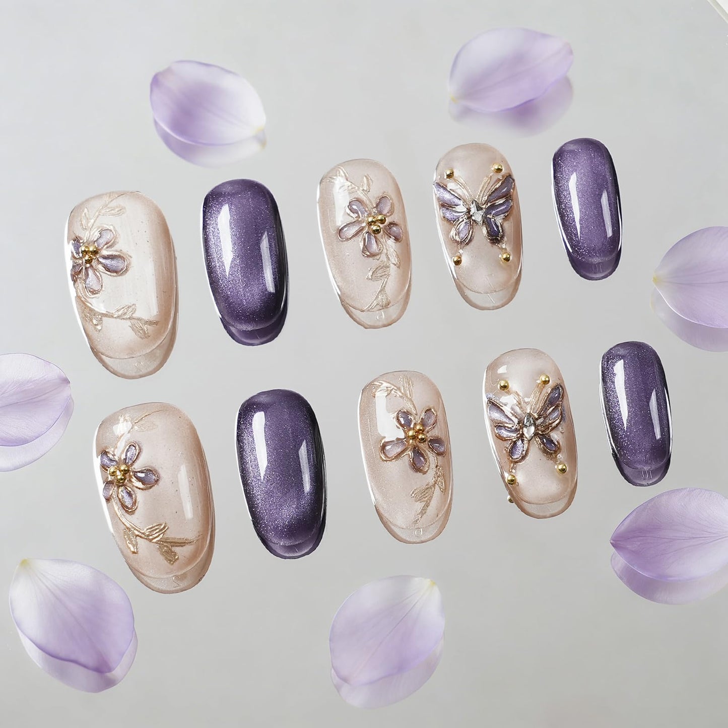 Tesytto Handmade Press on Nails Almond Shape Glossy Reusable False Nails for Nail Art (Soft Purple Gold Branch, S)