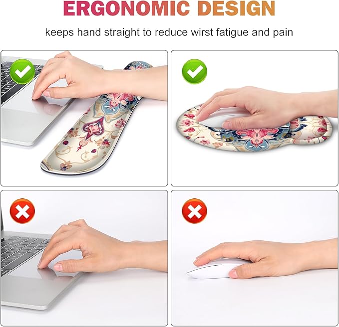 Gaming Mouse Pad, Large Desk Mat, Cute Desk Pad Protector, 4in1 XXL Mousepad + Keyboard Wrist Rest+Mouse Wrist Rest+Coaster Set with Ergonomic Desk Pad for Home Office Computer, Retro Style Pattern